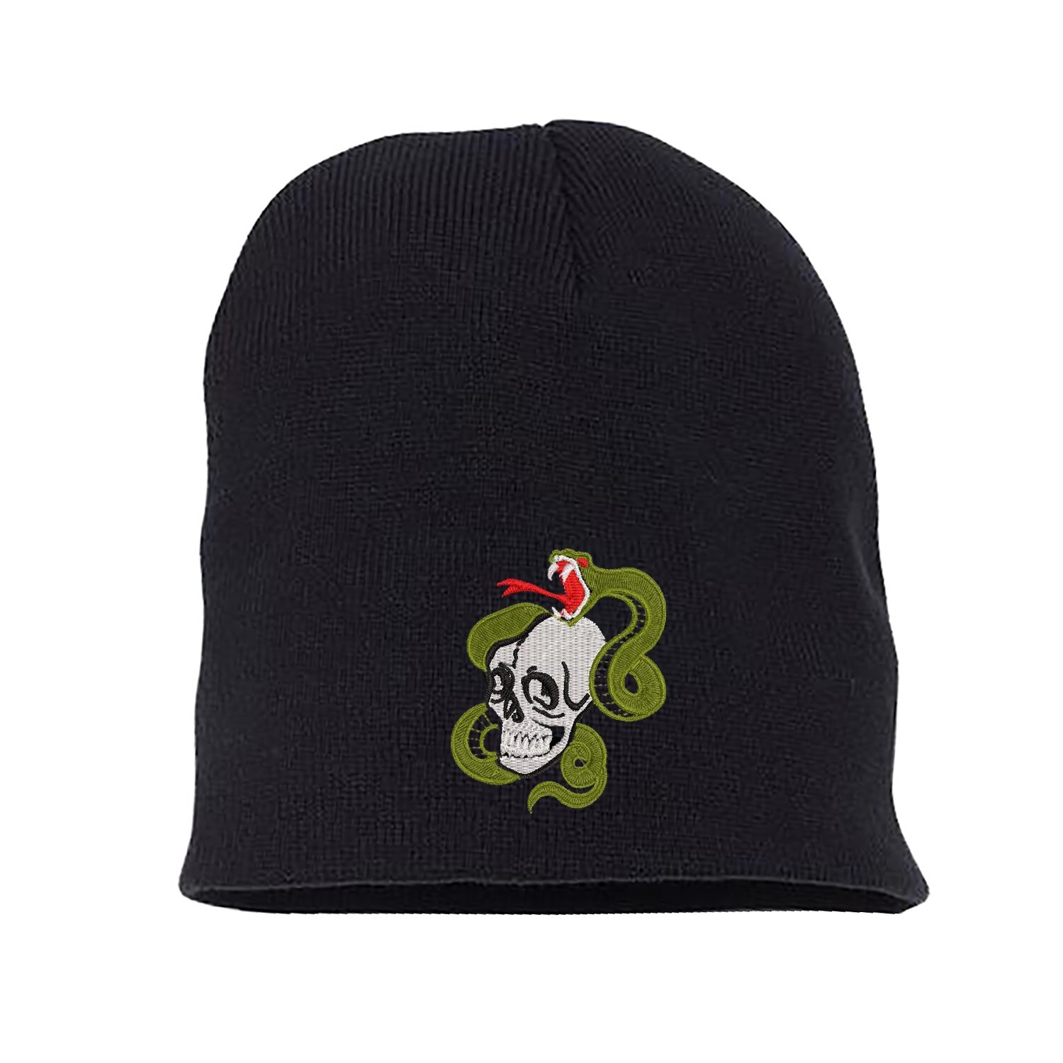 Skull head with snake embroidered black skull beanie hat, custom short beanie