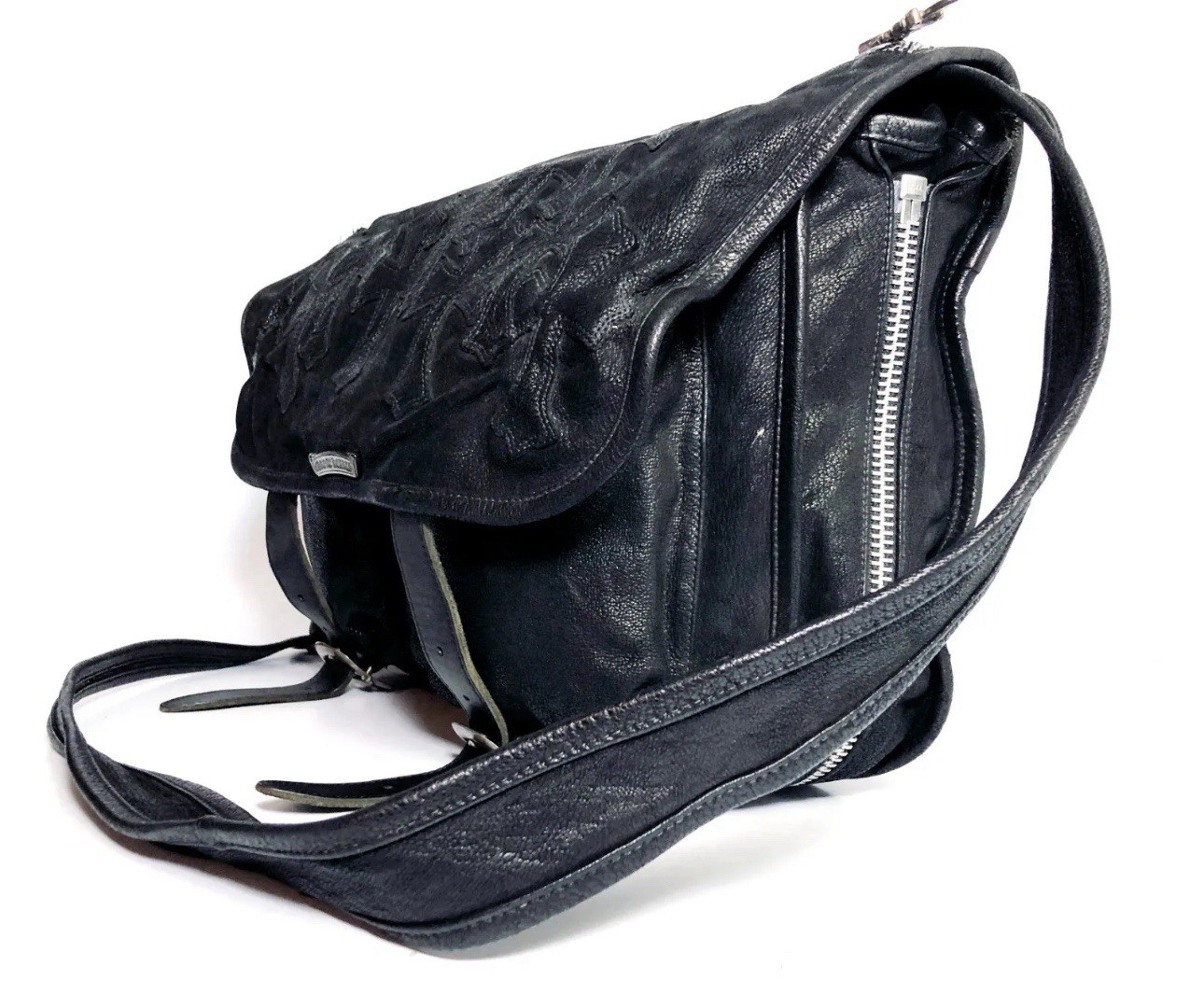 Vintage 90’s Chrome Hearts Cross Patches Gunslinger Black Leather Messenger Bag