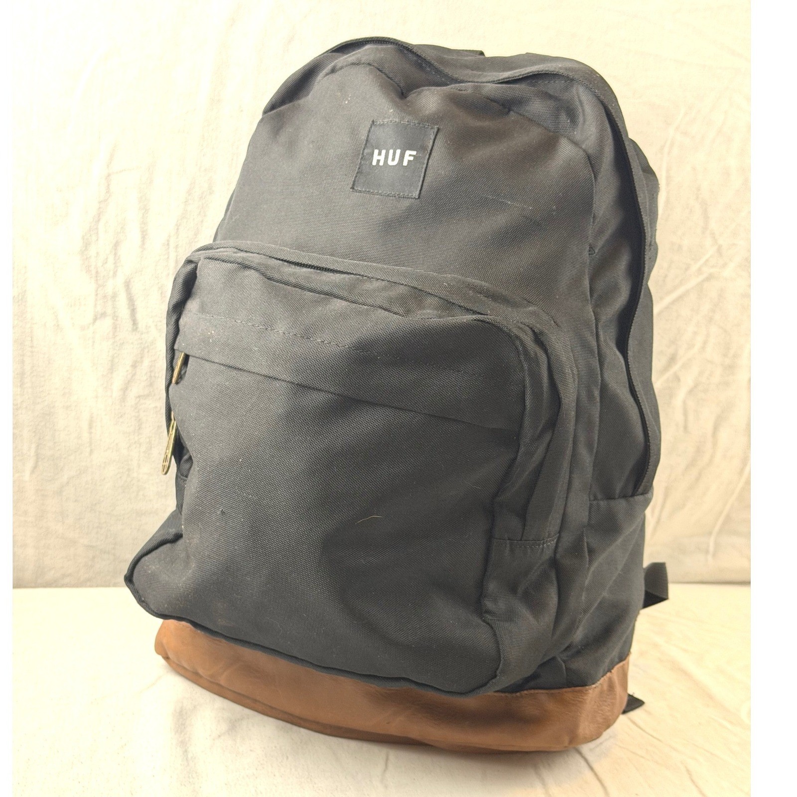 HUF Backpack Black Brown Leather Bottom Laptop Sleeve Skate School Bag Rucksack