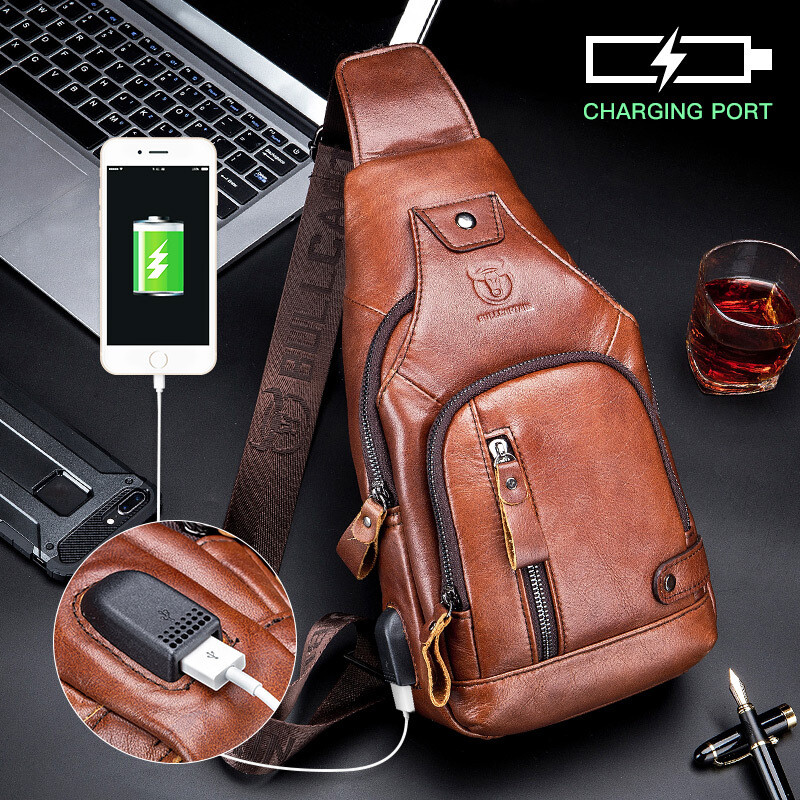 US Chest bag Sling Backpack for Men Crossbody Bag Shoulder Bag Genuine Leather Q