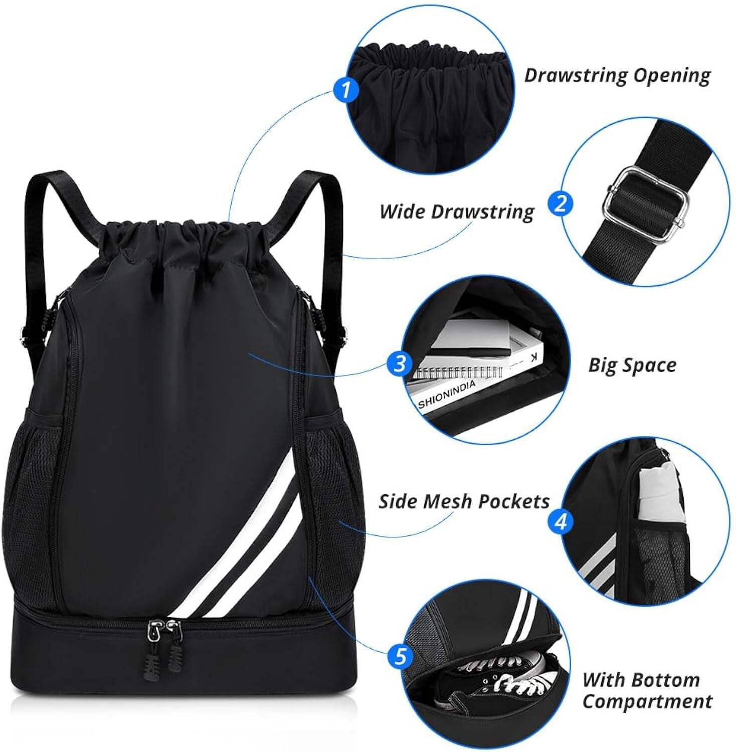 Ball Bag Drawstring Backpack, Sports Gym Bag with Shoes Compartment Side Mesh Po