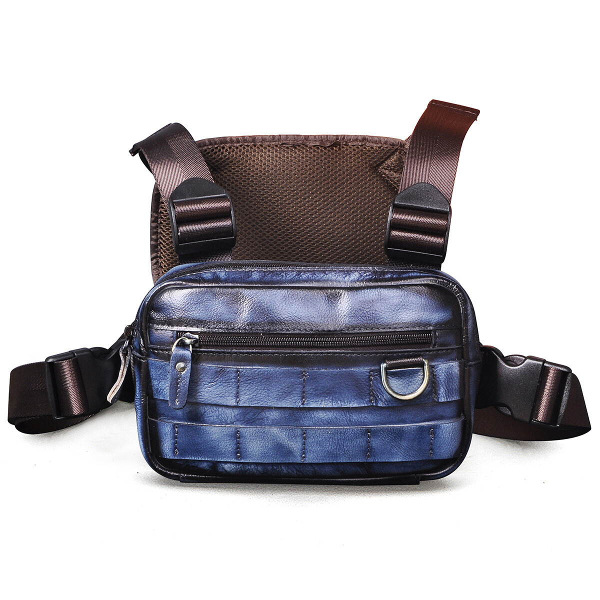 Vintage Crazy Horse Leather Men’s Rectangle Chest Rig Bag Two Straps Streetwear