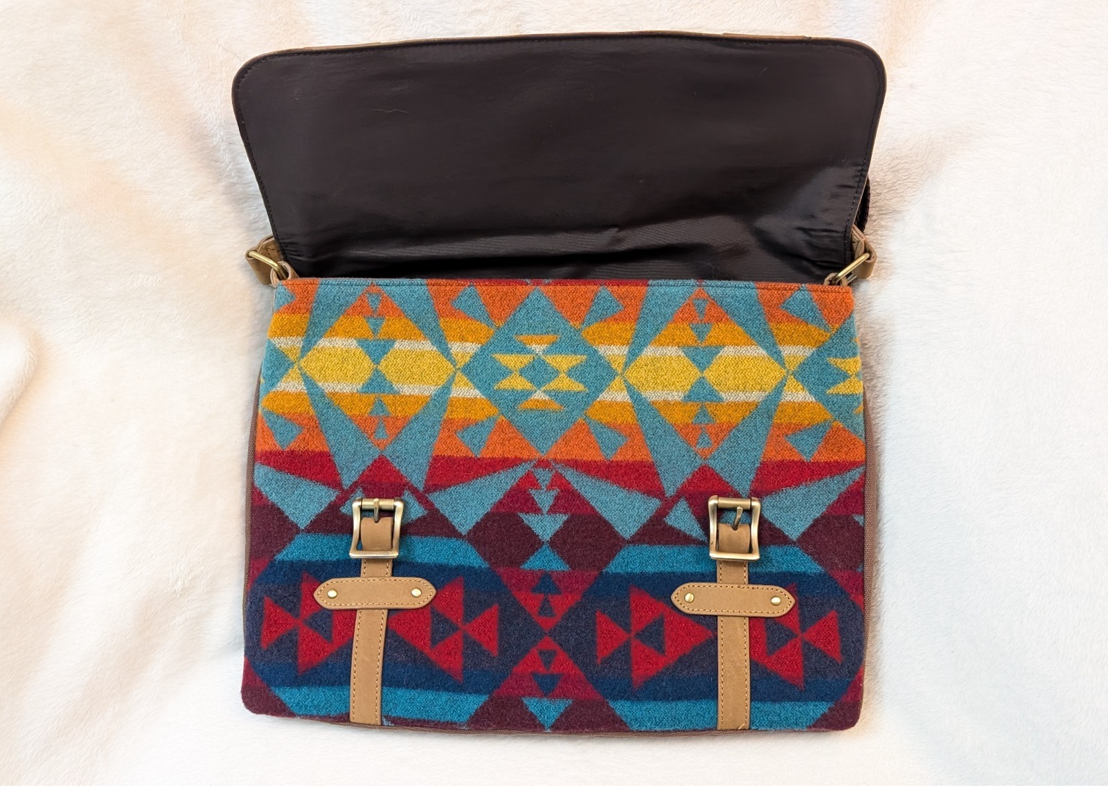 Vtg Pendleton Leather blue red wool Messenger Laptop Bag crossbody EUC