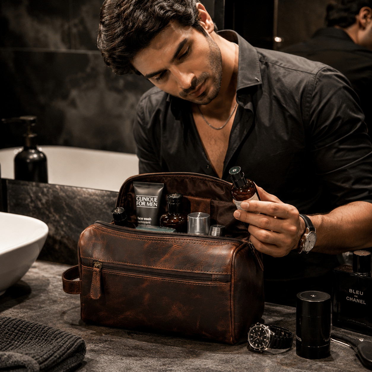 Premium Leather Toiletry Bag Travel Dopp Kit Men’s Shaving Wash Bag Brown