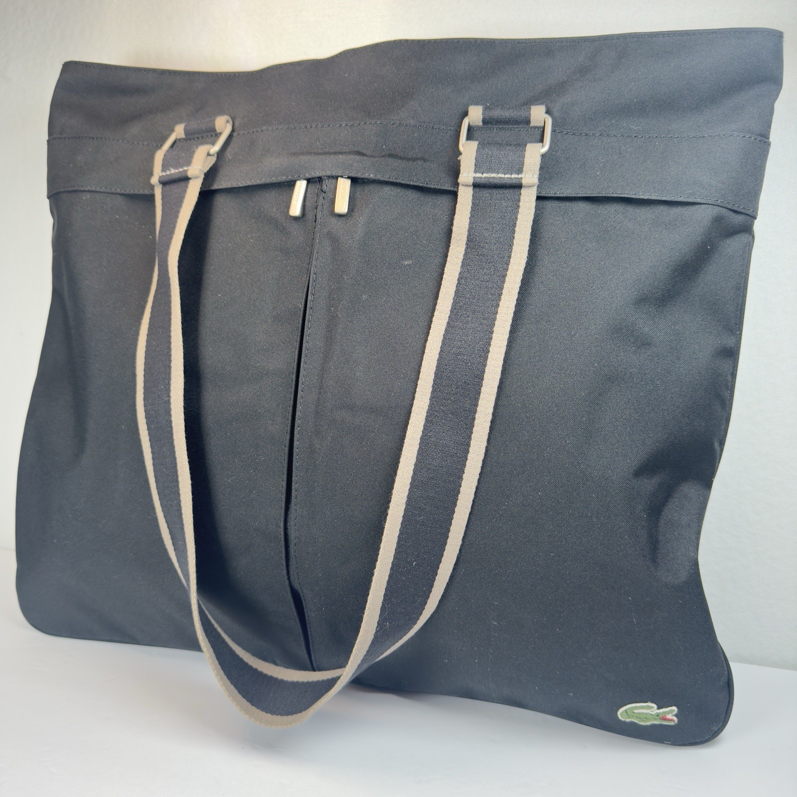 VTG Lacoste Messenger Tote Bag Black Canvas Beige Straps 17×15 Shoulder Carryall