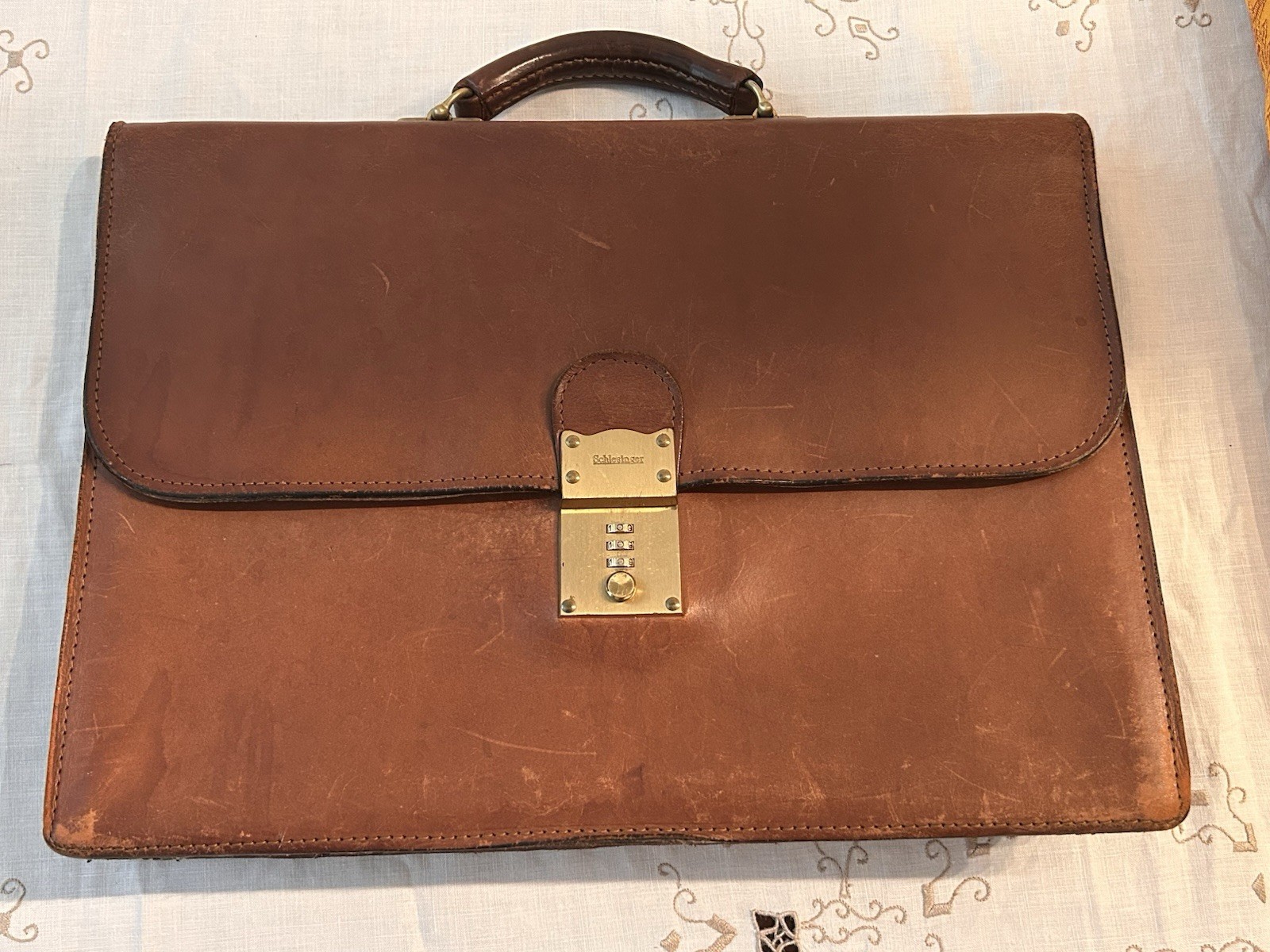 Schlesinger Vintage Brown Leather Briefcase With Working Combination Lock