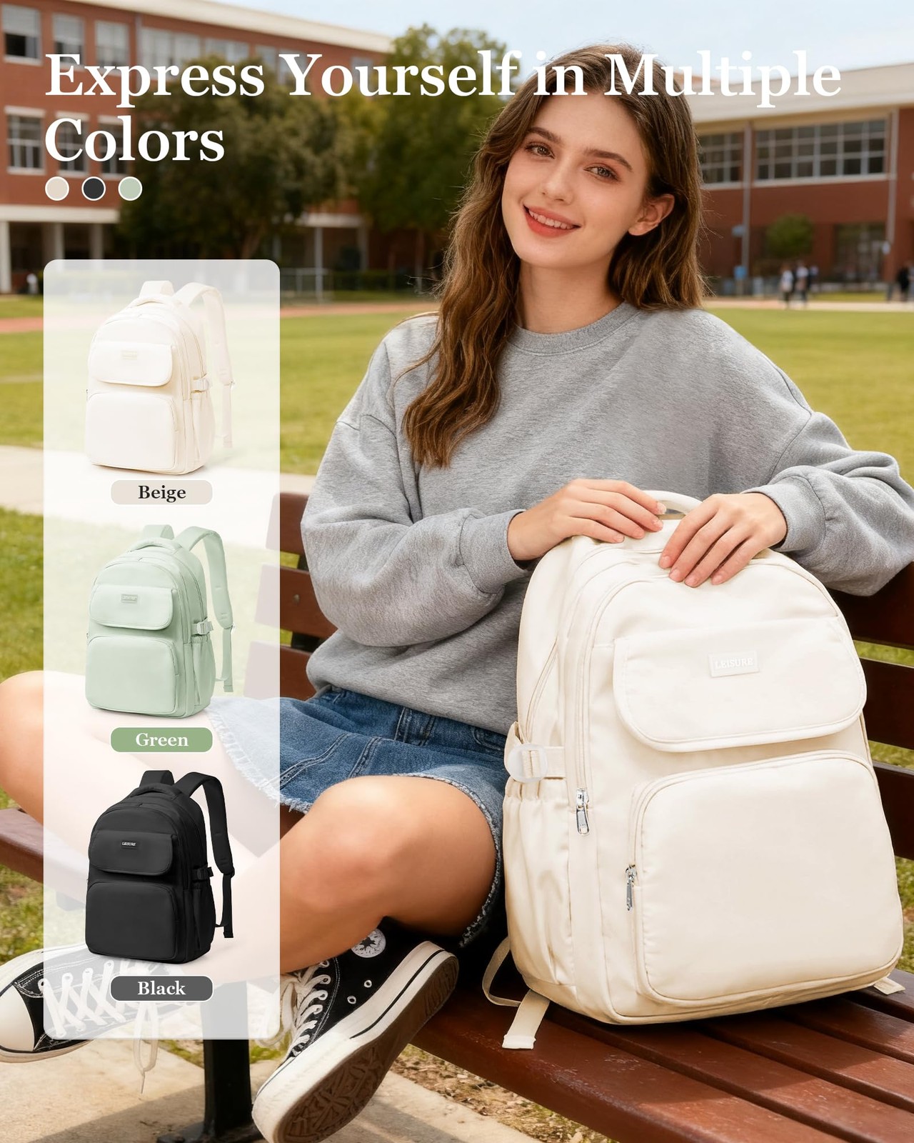 White Cute Middle School Backpack Teen Girls Waterproof Travel Laptop Bookbag