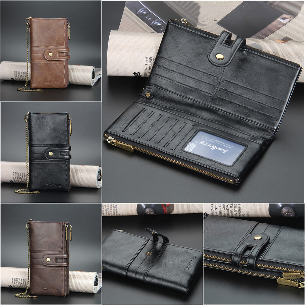 Men RFID Blocking Leather Double Zipper Coin Pocket Wallet with Anti-Theft Chain