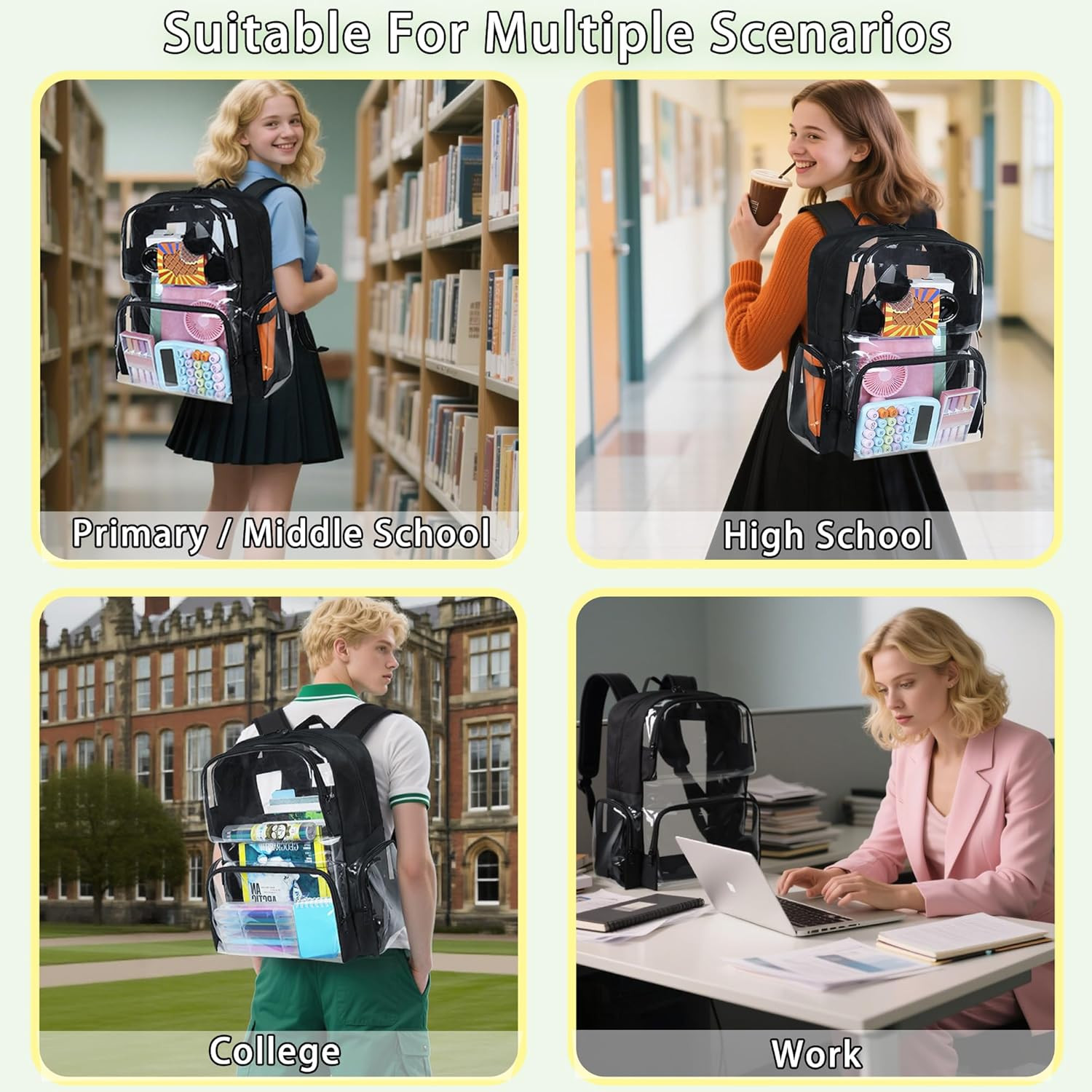 Clear Backpack Heavy Duty,18” Large Clear Backpack with Multiple Pockets,See th