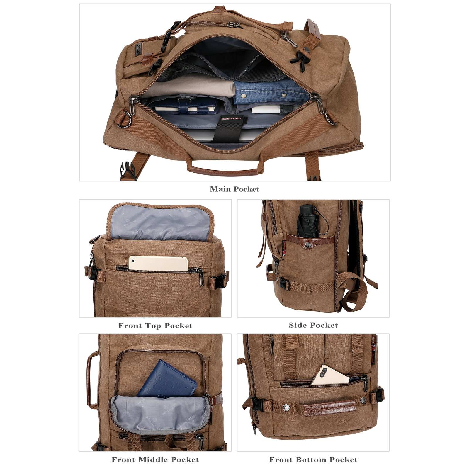 WITZMAN Travel Backpack Large Canvas Luggage Carry on Duffel Bag Brown