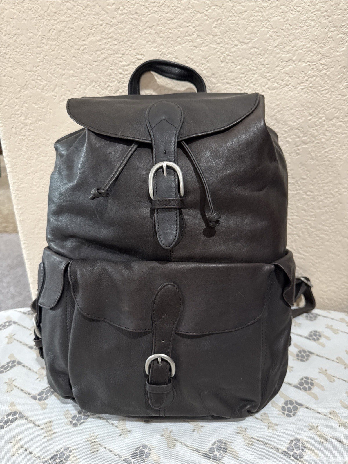 London Fog Leather Backpack Brown Drawstring Flap Buckle Pockets Travel Bag EUC