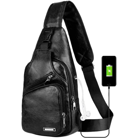 Mochila bandolera negra para hombre con puerto de carga USB.