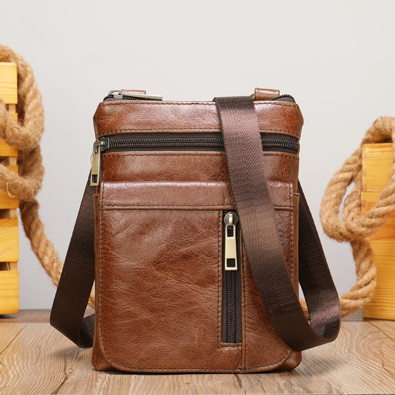 Mens Leather Shoulder Bag Genuine Cowhide Crossbody Messenger Adjustable Strap