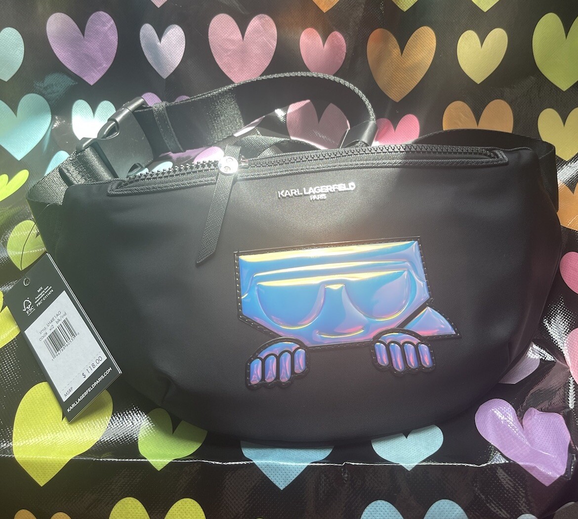 Karl Lagerfeld Black Fanny Bag Iridescent Logo Paris $118 MSRP Unisex NWT