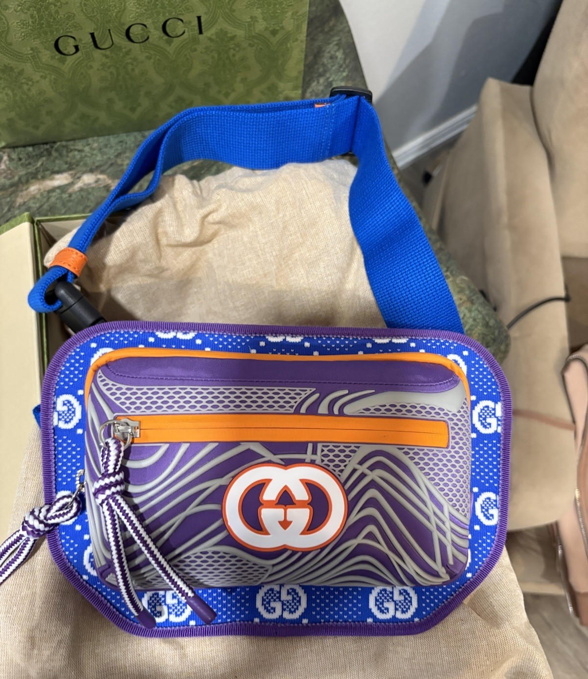 Unisex Gucci GG Nylon Rubber Belt Bag 752102 FAB7U Blue Purple w/ Box & Dust