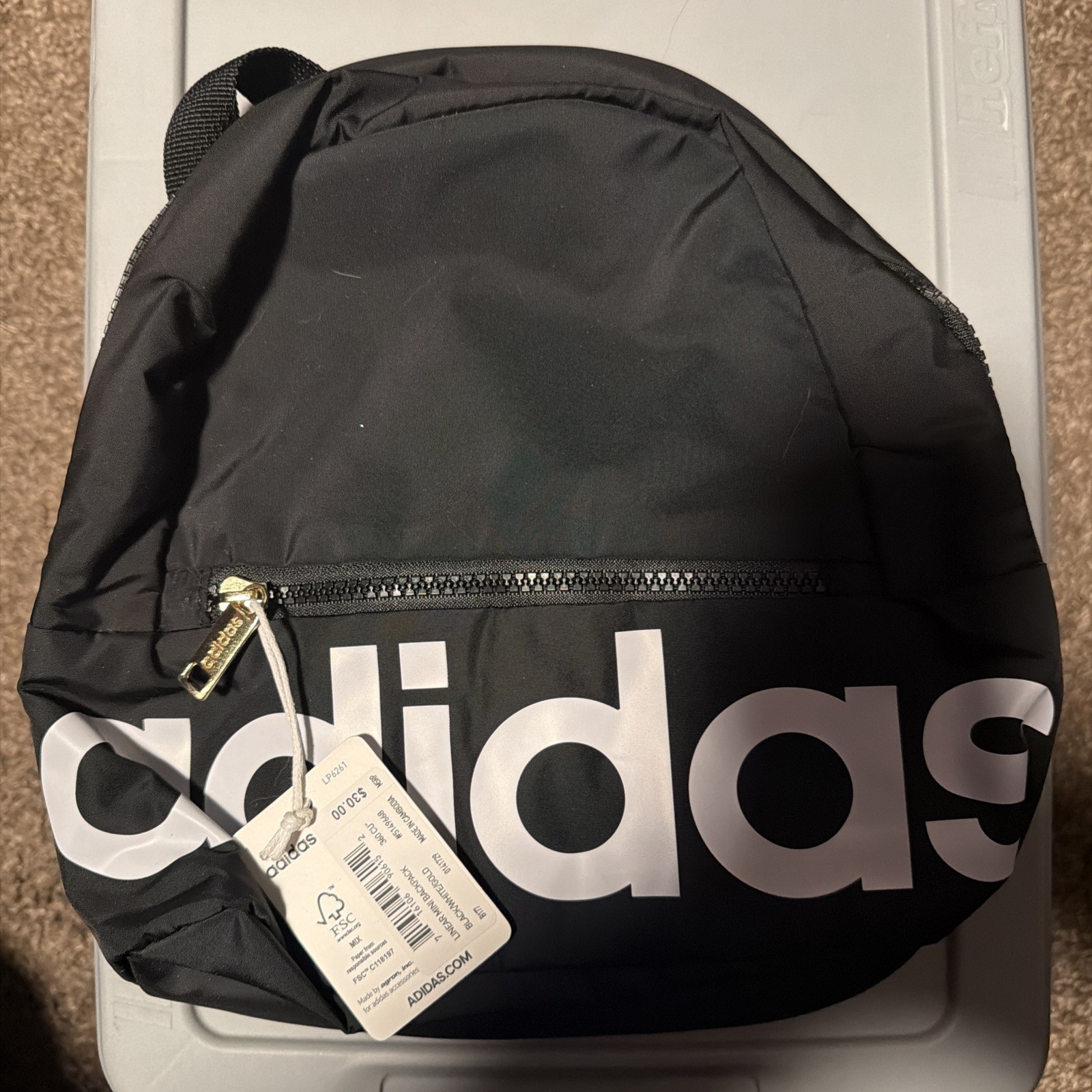 ADIDAS MINI LINEAR BACKPACK BAG BLACK WHITE GOLD 8.5″H x 10.5″W x 5″D NWT