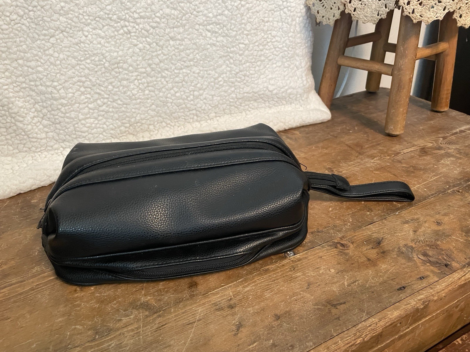 DOPP Classic Black Textured Leather Travel Toiletry Pouch
