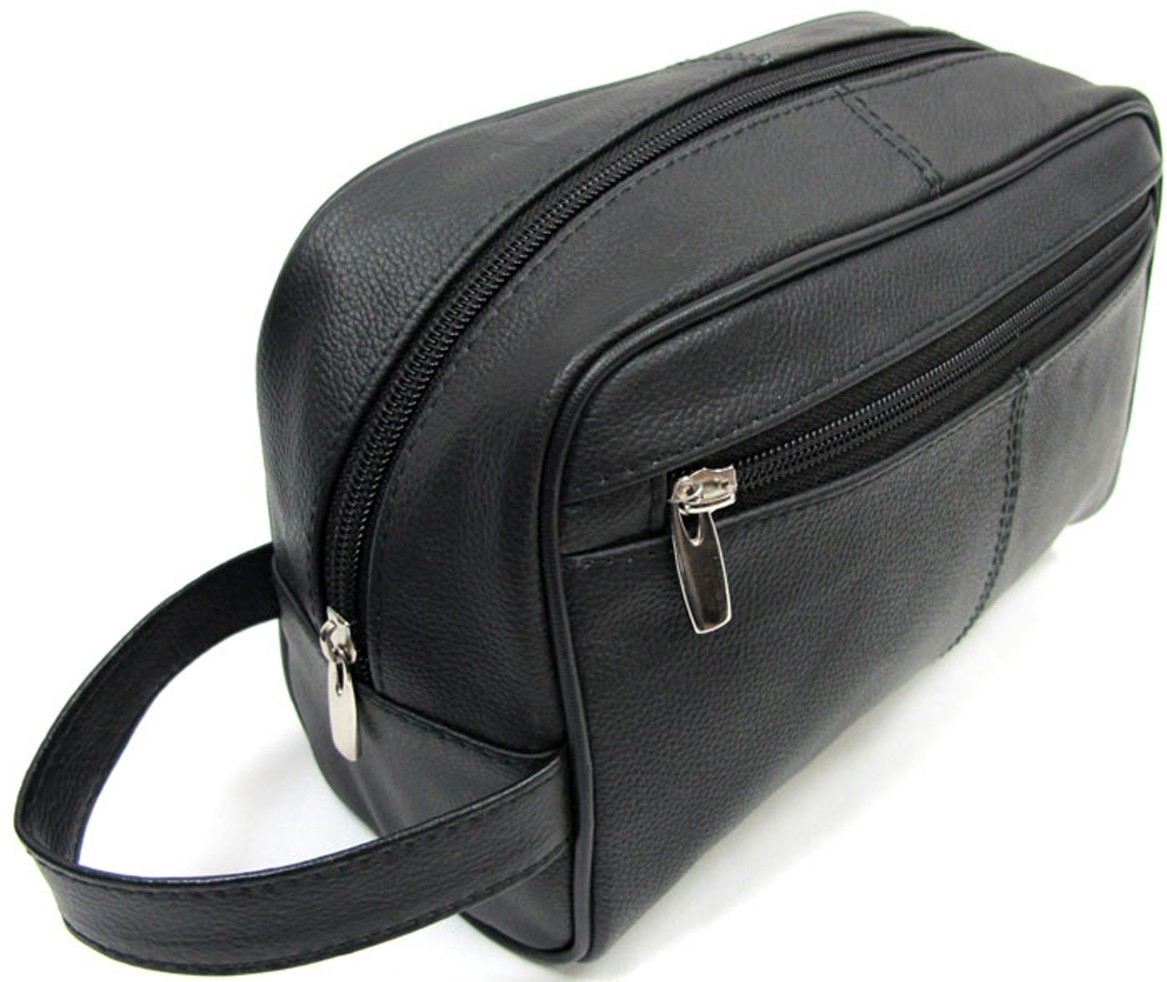 Quality Genuine Cow Leather Men’s Shaving Toiletry and Travel Bag 3 Zipper Black