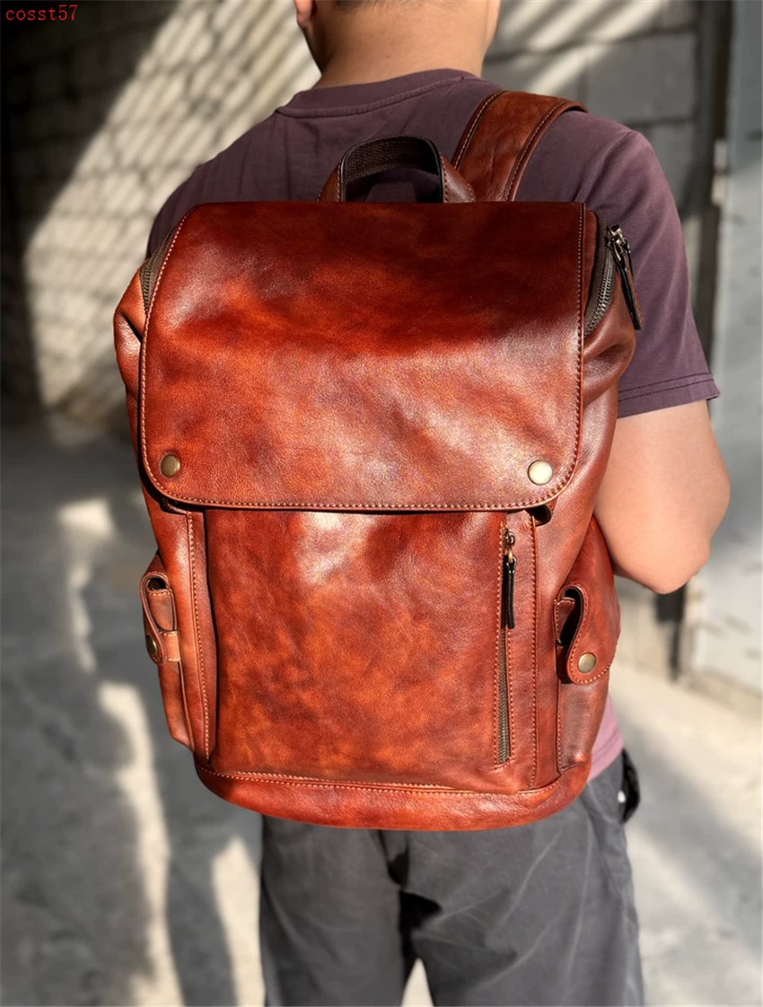 Handmade Really Cow Leather Backpack Vintage Men’s Casual Travel Bag Laptop Bag