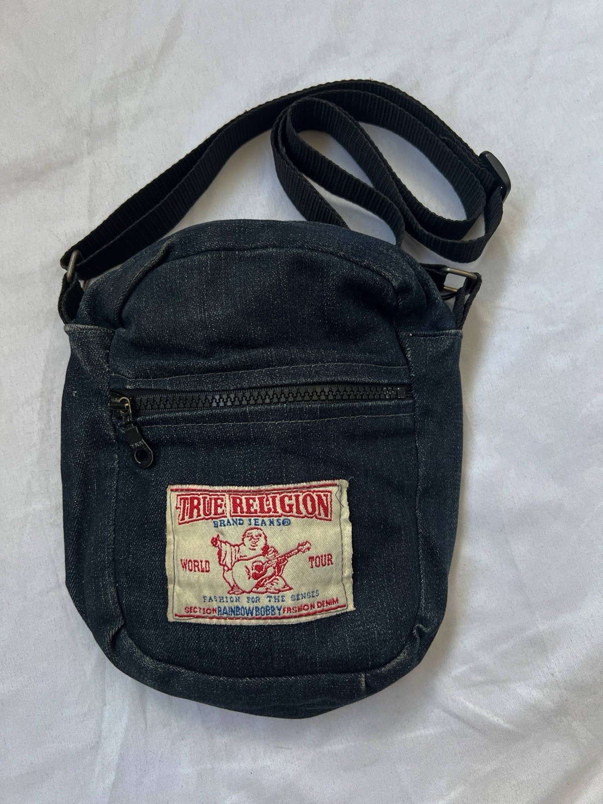 Custom Upcycled True Religion Denim Messenger Bag Y2K Bobby Buddha Patch Crossbo