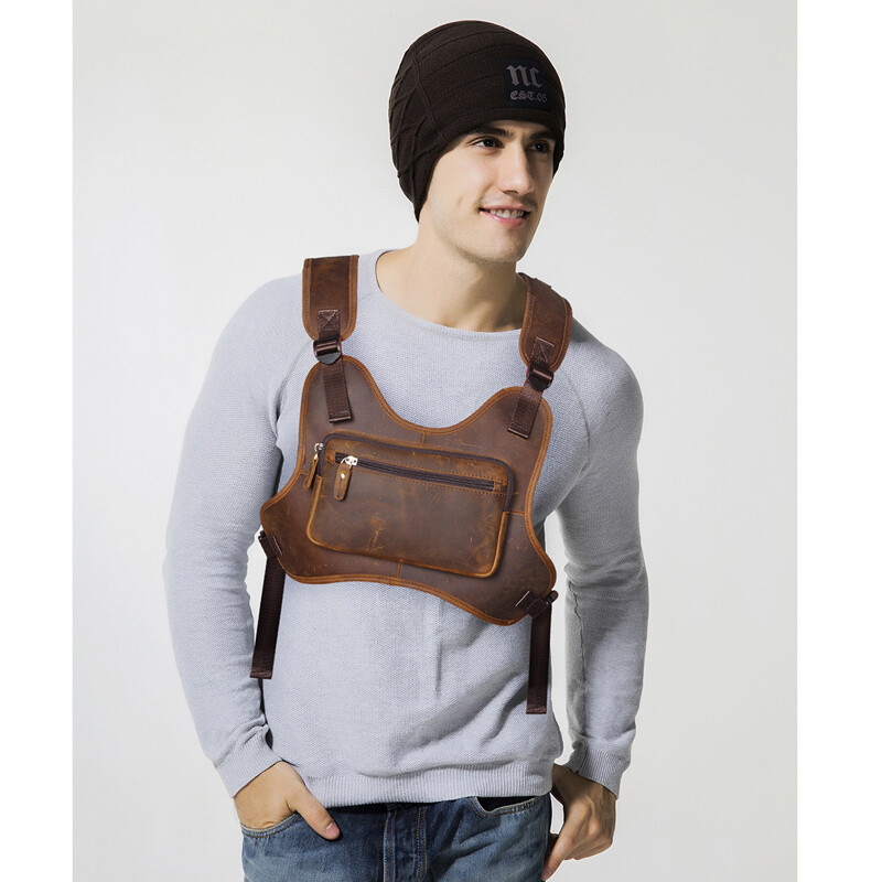 Men Vintage Real Leather Two Straps Chest Rig Bags Rectangle Streetwear Hip-Hop