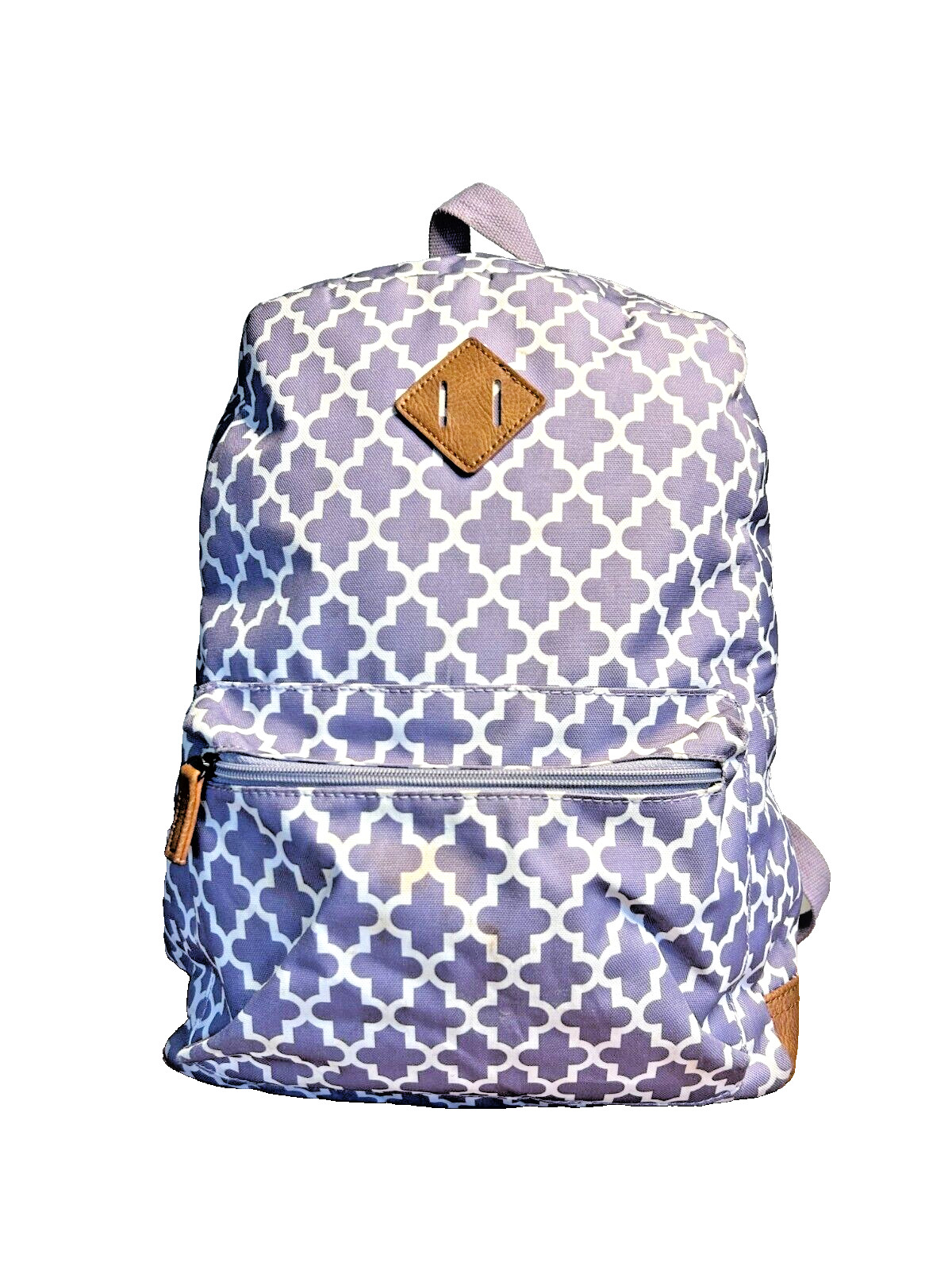 Cute Lightweight Purple& White print Backpack, Leather accents. Mult. zip pocke