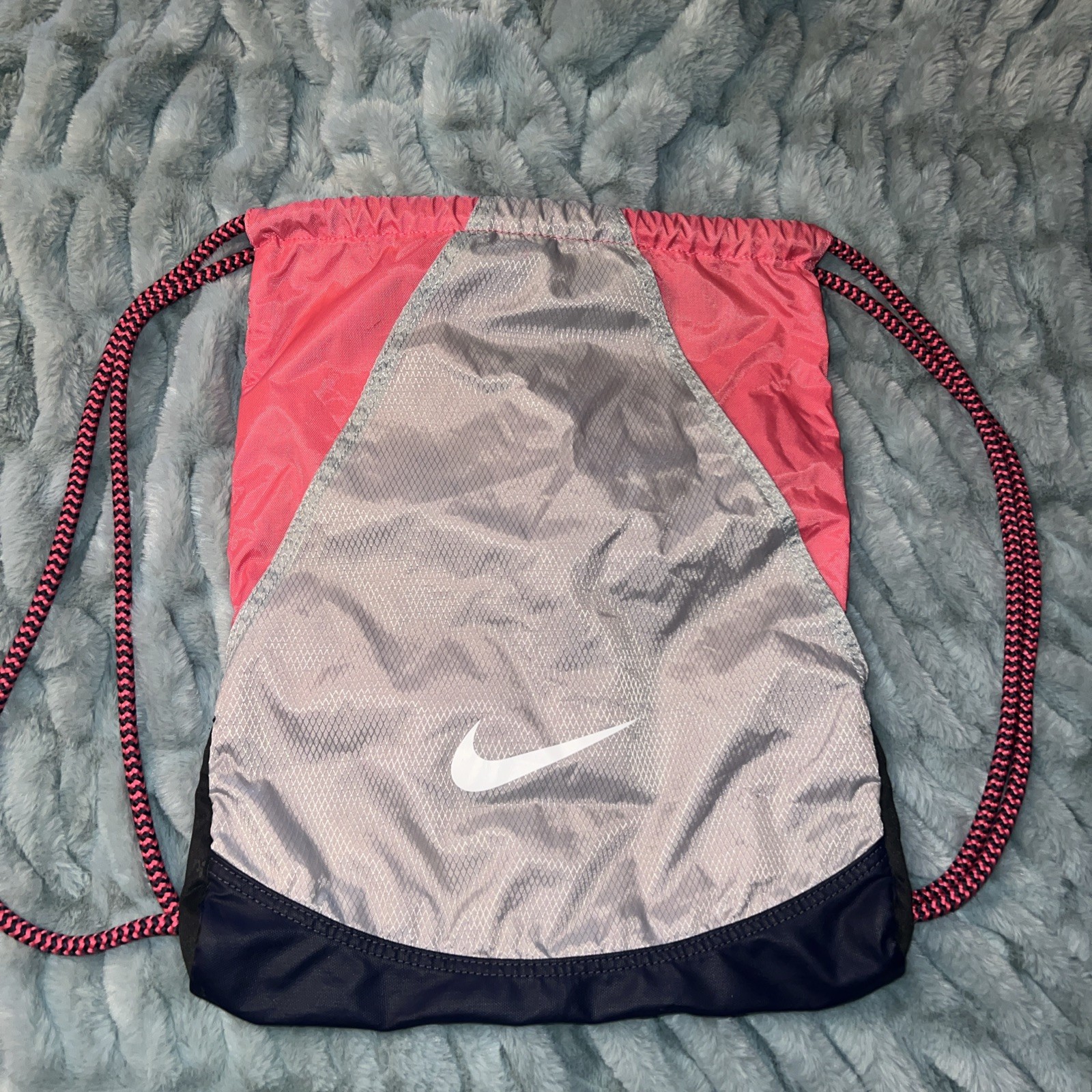 Nike Drawstring Backpack Pink White Logo Gym Sack Bag 17″ x 12.5″ Zip Pocket