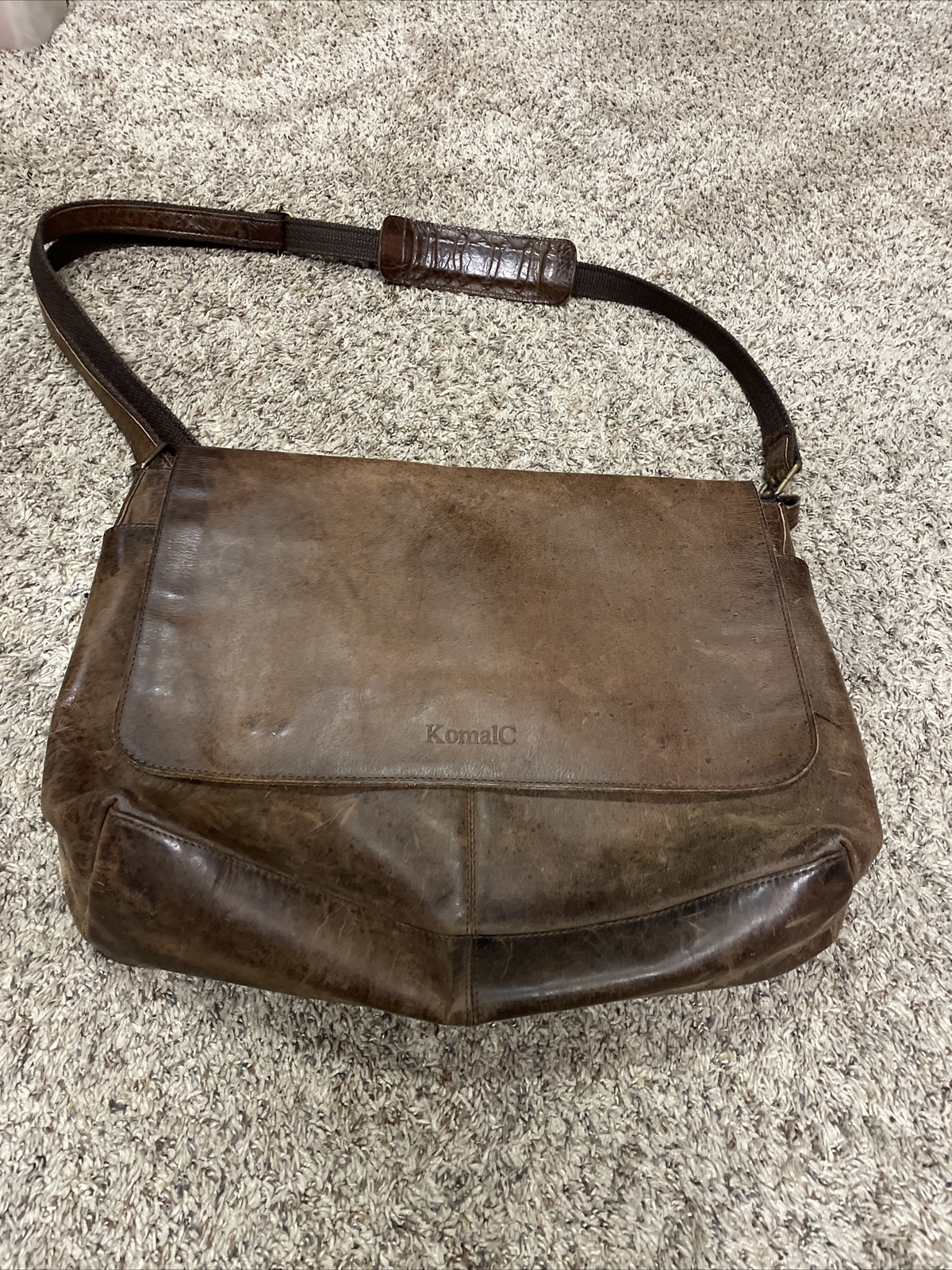 KomalC Buffalo Leather Messenger / Laptop Bag, Briefcase, Brown Distressed