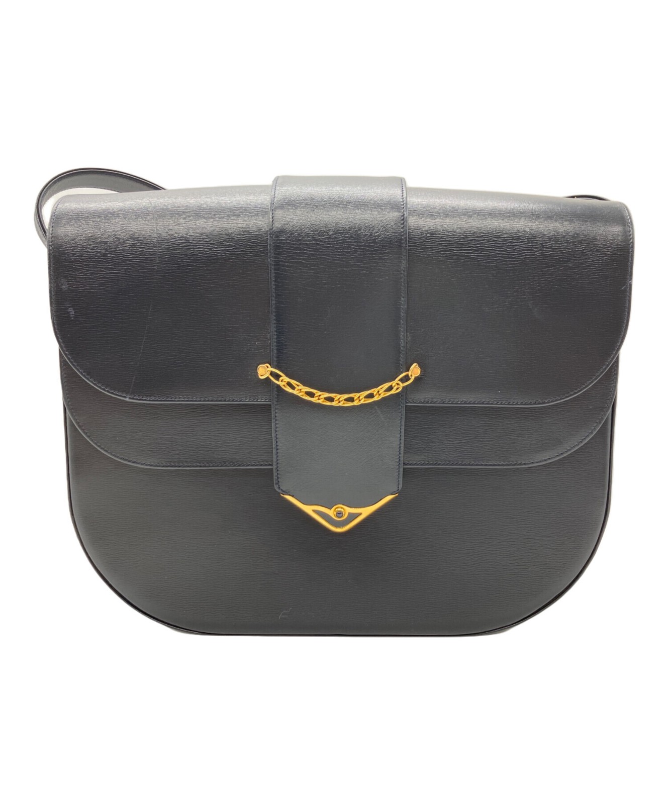 Cartier Sapphire Line Leather Shoulder Bag 28cm Dark Navy Women Made in France
