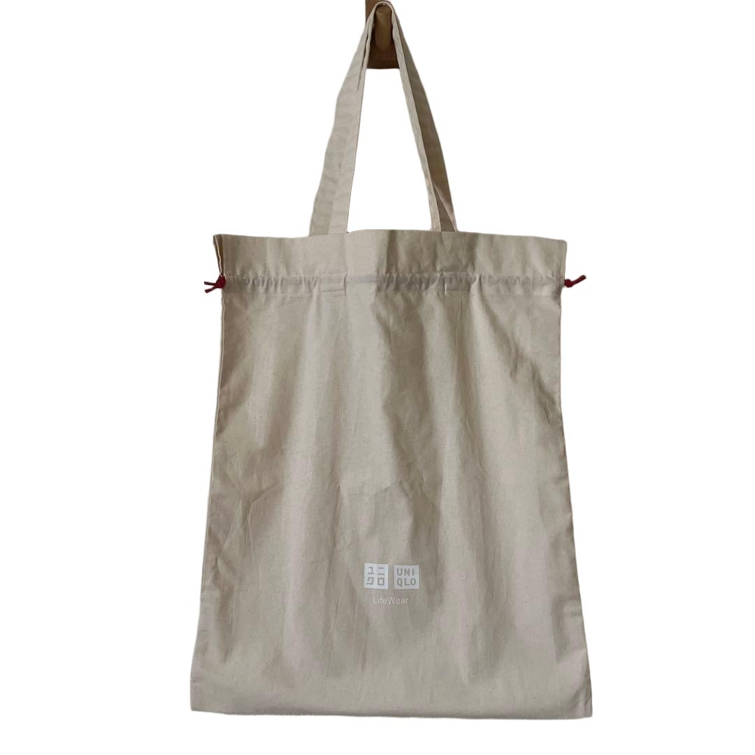 UNIQLO Cotton Tote Bag Ecru Drawstring Natural Fabric Used