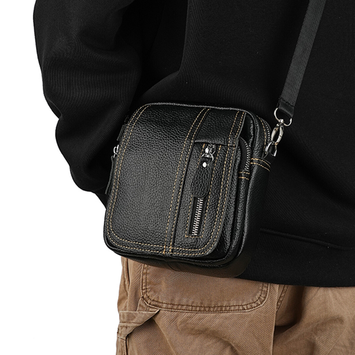 Genuine Leather Men’s Crossbody Bags Purse Business Small Waist Bag Shoulder Bag