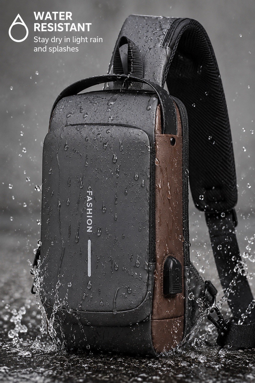 Men’s Water Resistant Sling Bag Crossbody Chest Pack USB Port Zip Grey