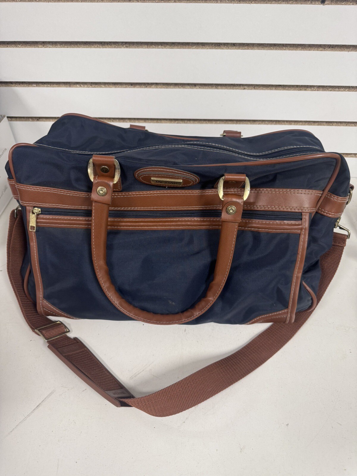 VTG Jaguar Bag Weekender Travel Shoulder Duffle Navy Blue Leather Canvas BHN