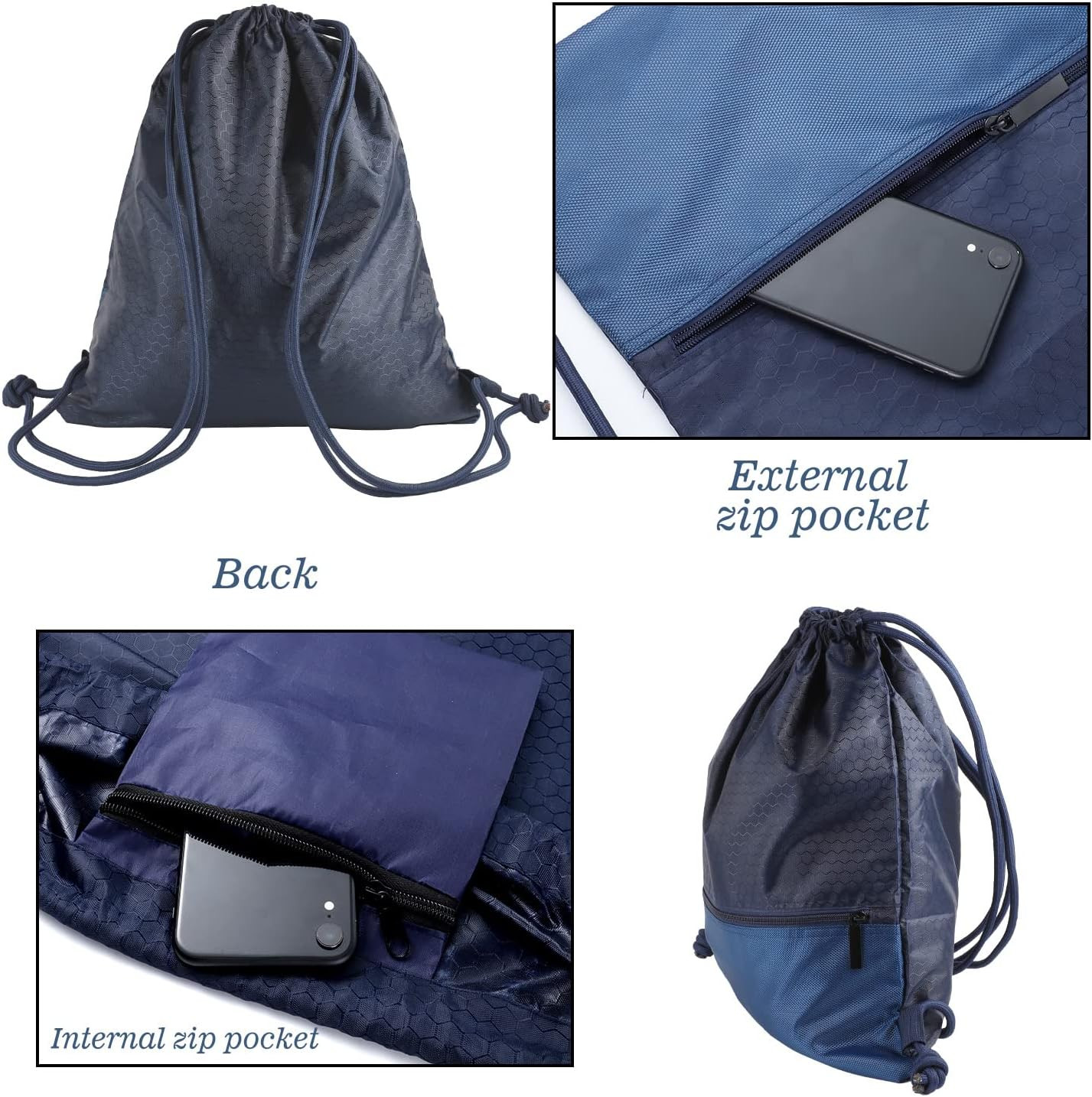 Waterproof Drawstring Backpack with Zip Pocket, Gym Swim Bag for Men Women
