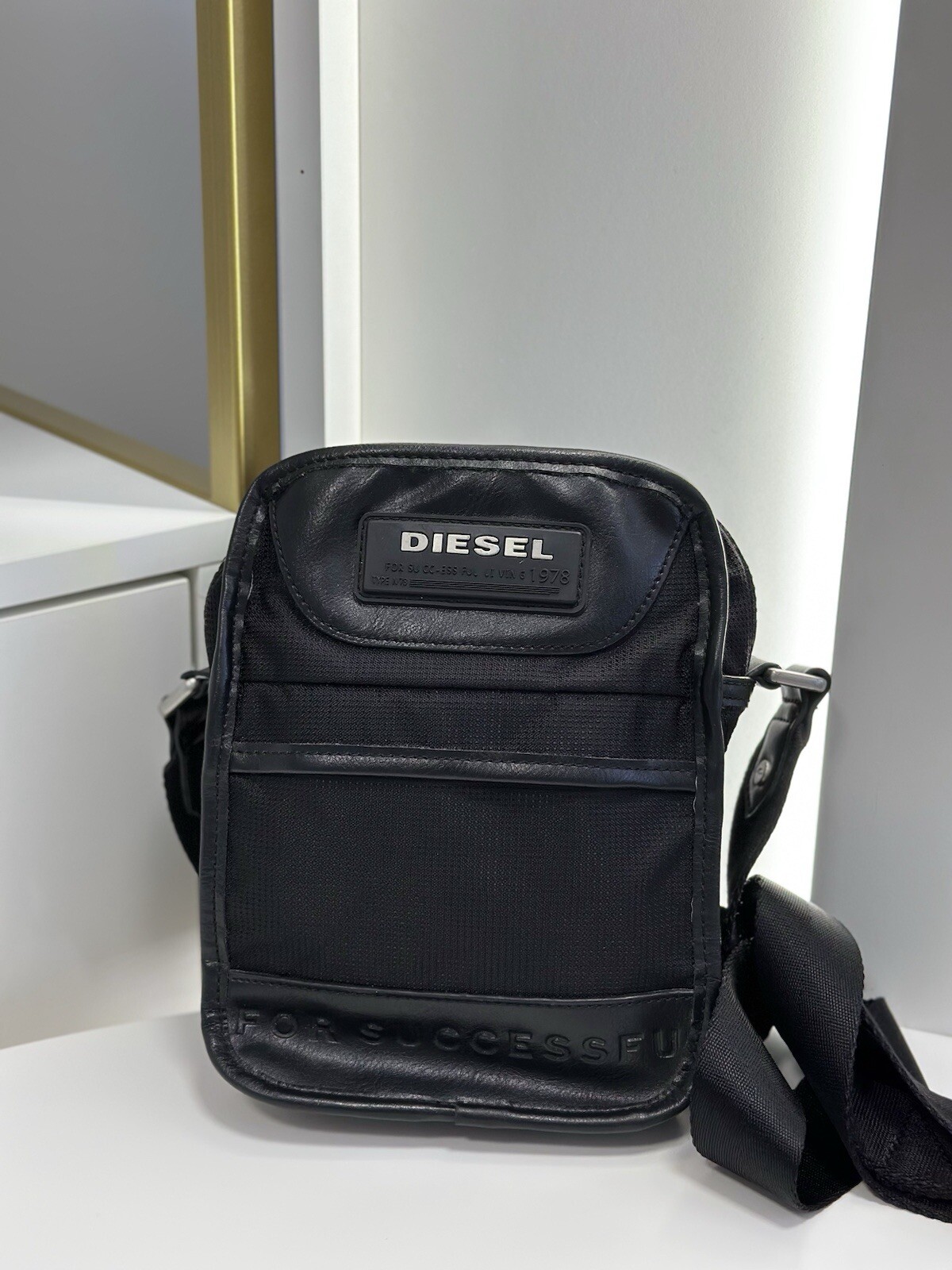 DIESEL Y2K Vintage Black Messenger Bag Big Logo Size 22×18 Cm