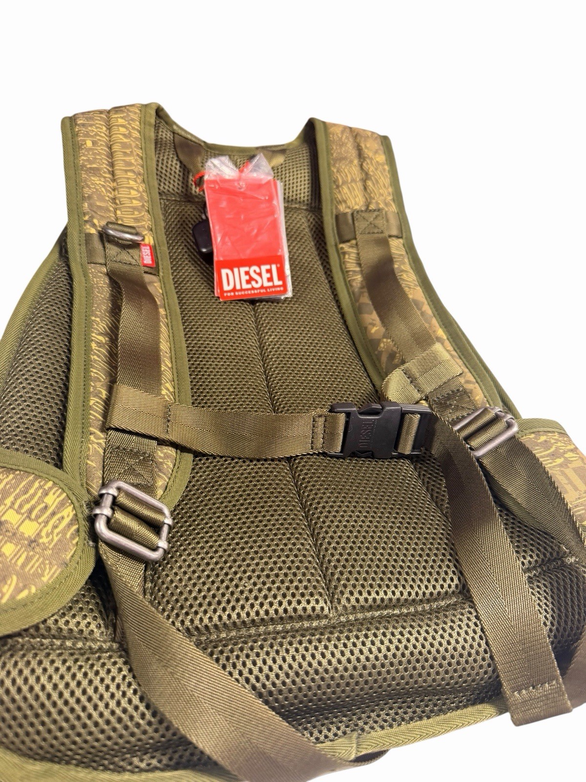 Diesel Green Checkered Backpack Zip & Buckle Closure Adjustable Strap Travel