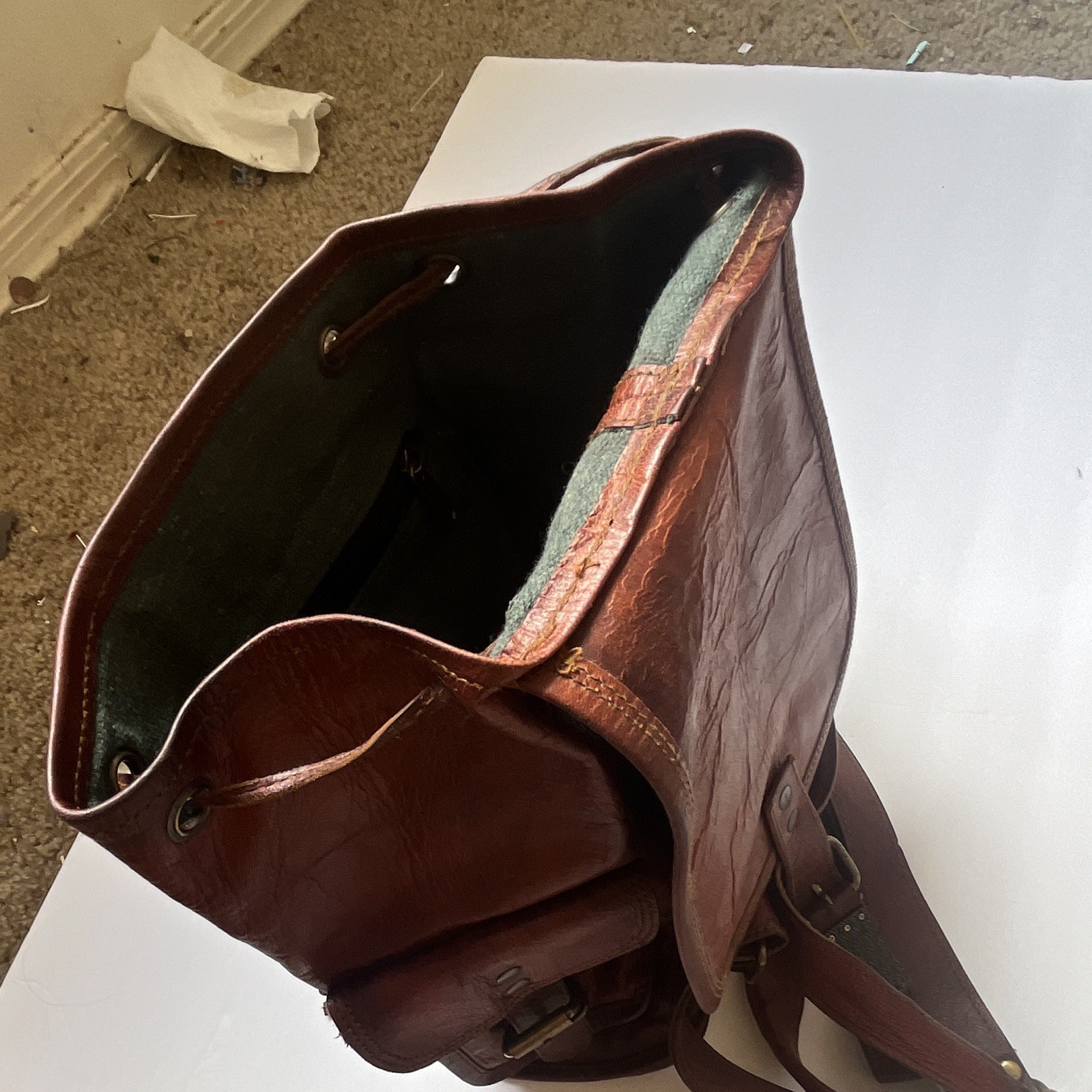 Men’s Brown Backpack Drawstring & Buckle Flap, Outer Pockets, Canvas Lined