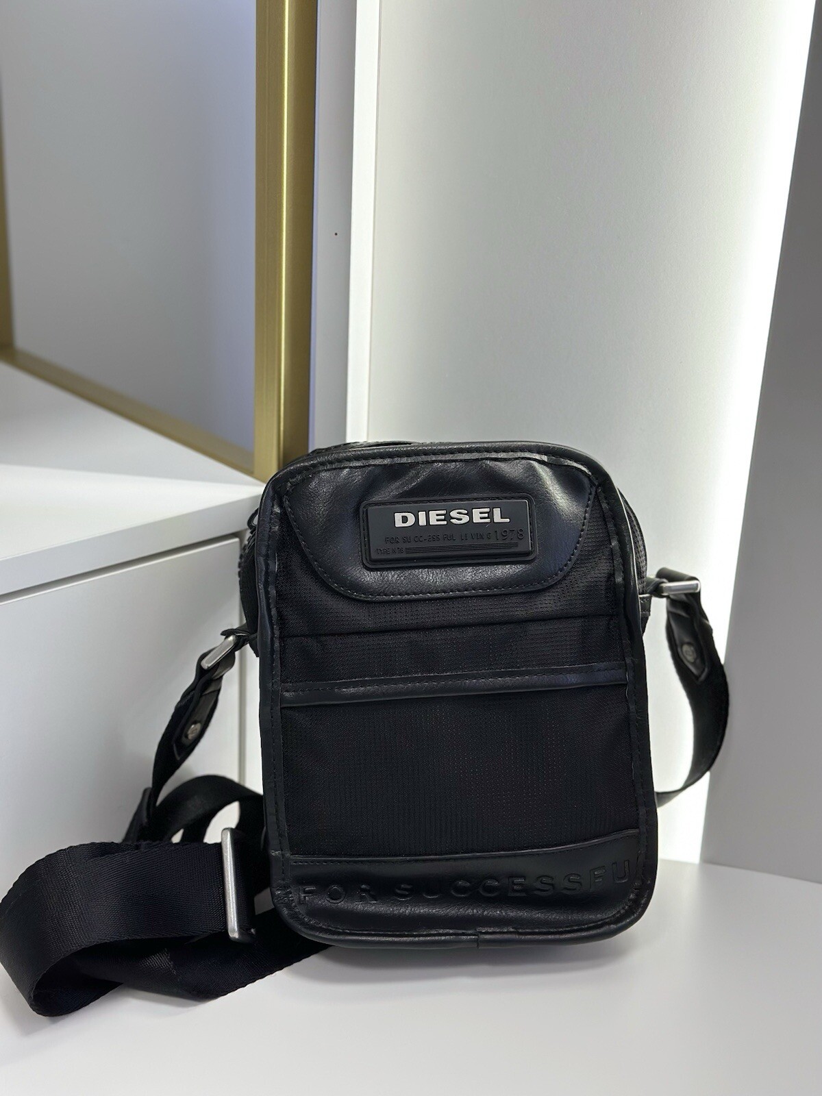 DIESEL Y2K Vintage Black Messenger Bag Big Logo Size 22×18 Cm