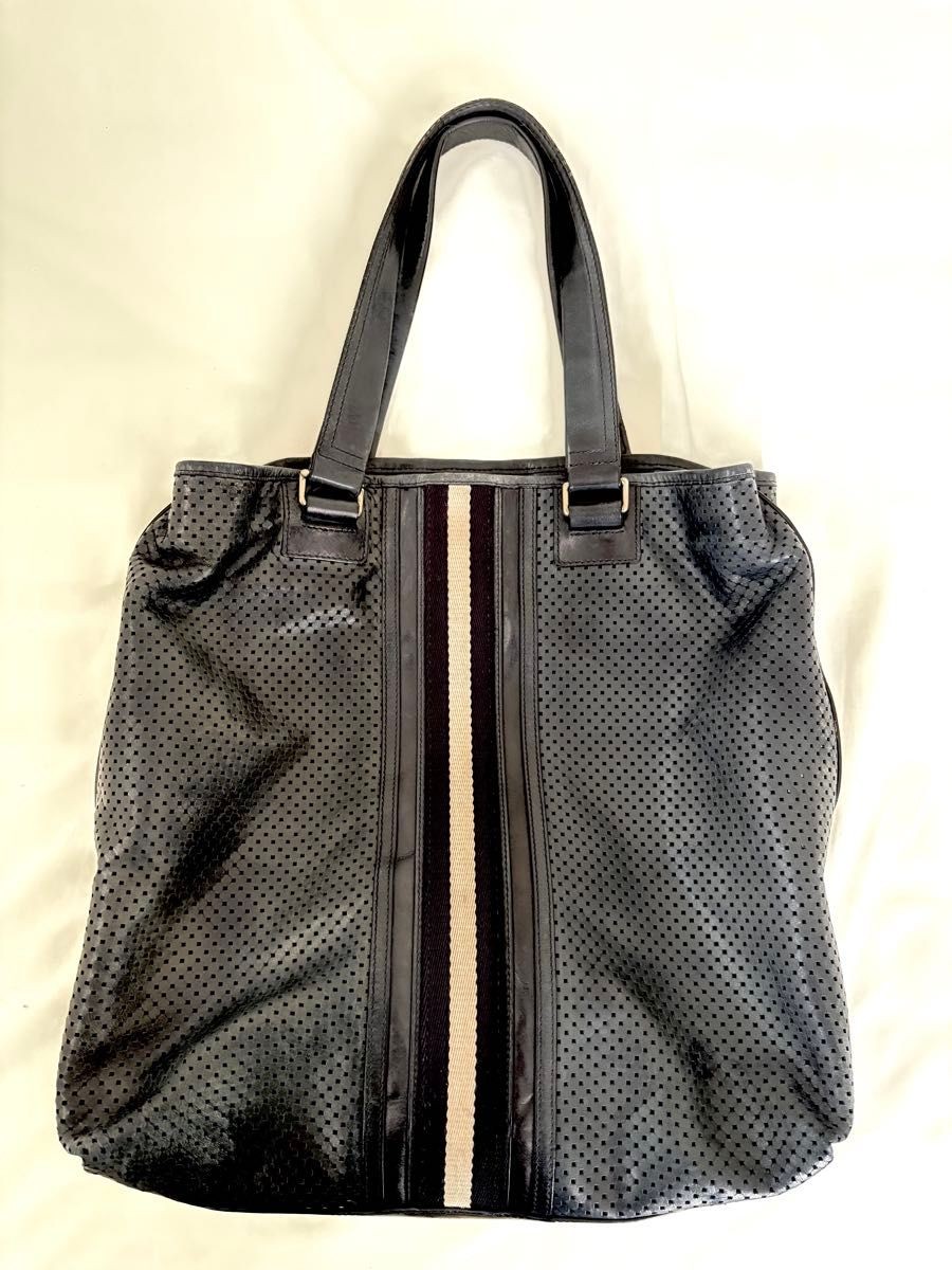 BALLY Men’s Trainspotting Tote Bag Perforated Leather Navy Designer 37×39×14cm