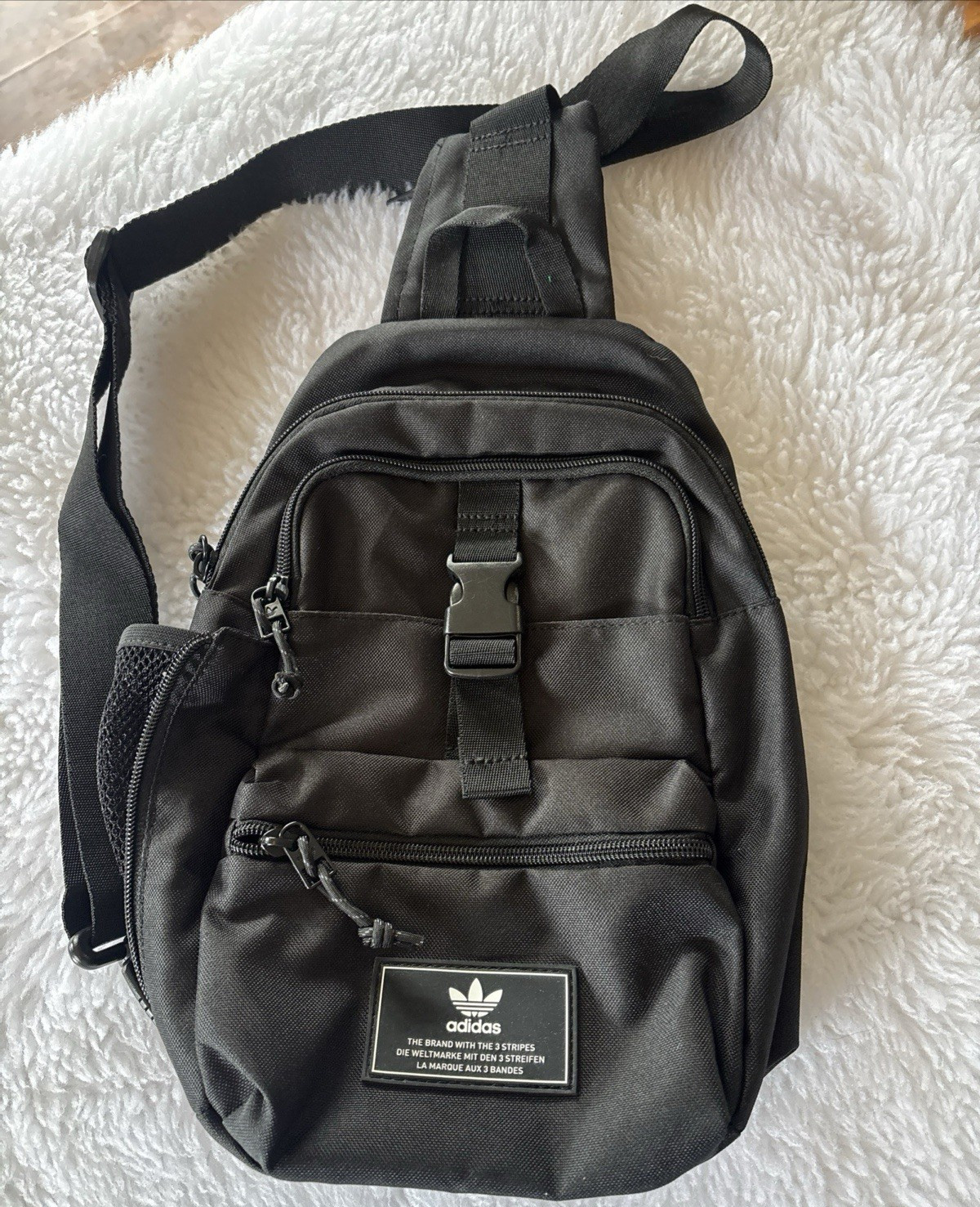 adidas Black Small Sling Crossbody Bag Adjustable Strap Zip Buckle Pockets