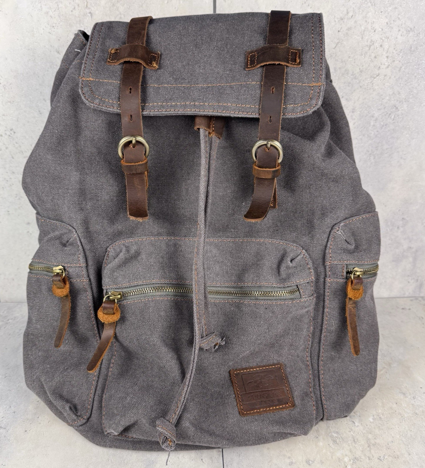 Augur Jans Canvas Backpack Gray Brown Drawstring Straps Hiking Boho READ