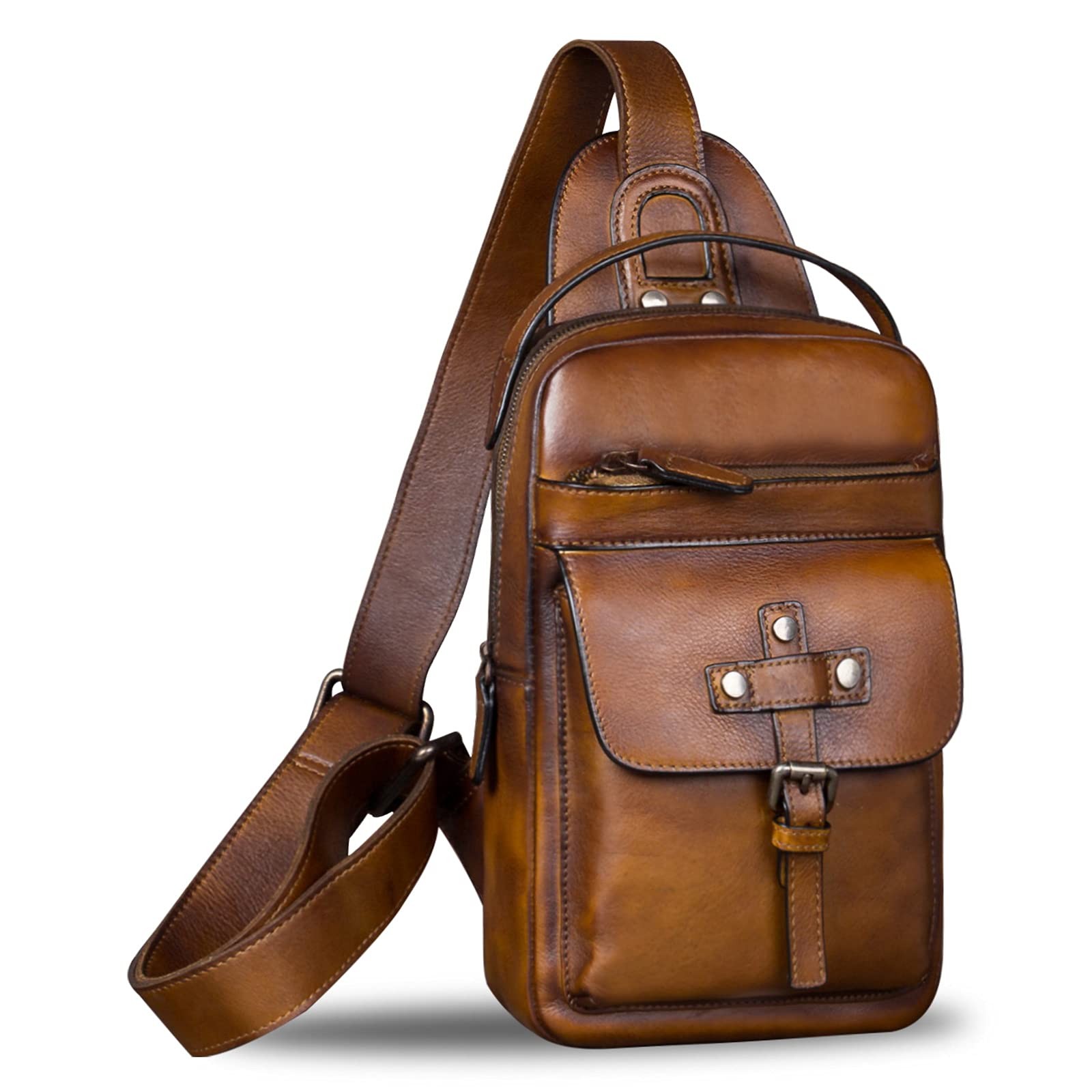 Genuine Leather Sling Bag Chest Shoulder Fanny Bag Hiking Backpack Vintage Ha…