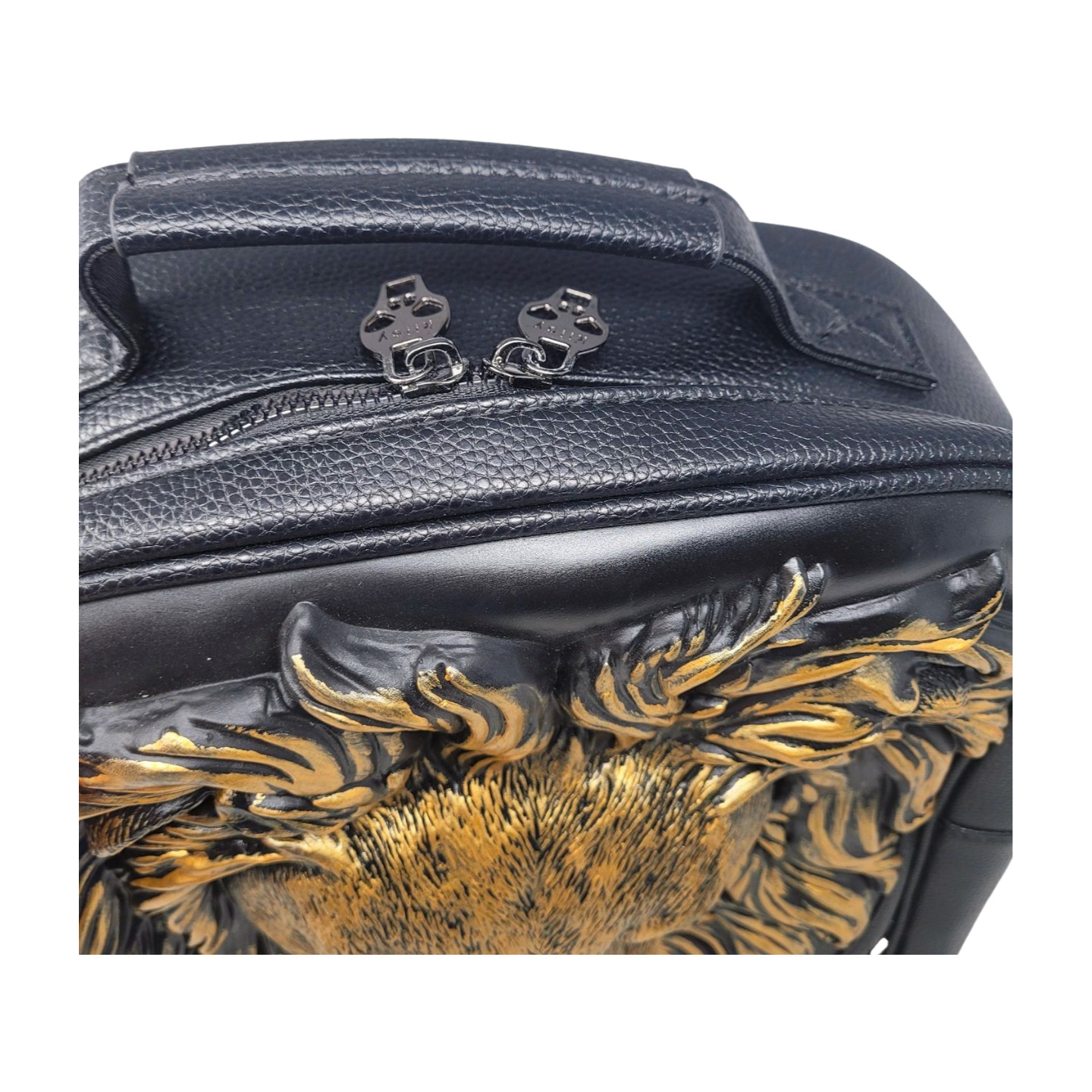 3D Lion Backpack Designer Vegan Leather Rivets Black Gold Large Unique New