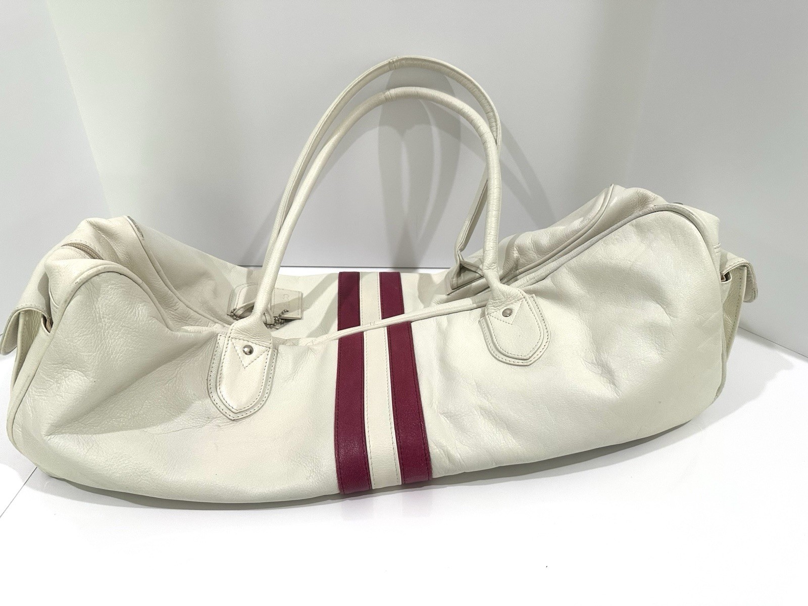 Latico NJ 22” Leather Retro Duffel Weekender Bag White w Pink Bowling Stripes