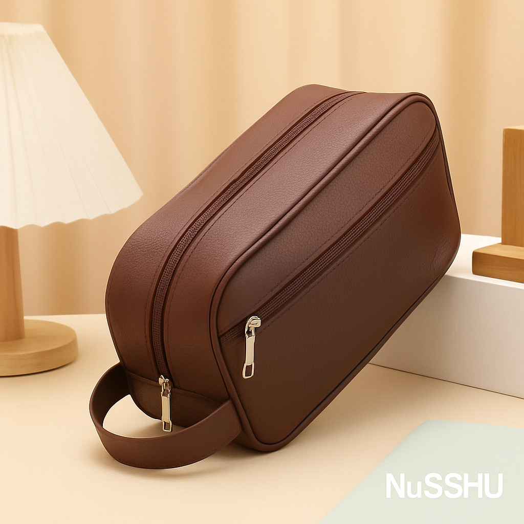 Mens Toiletry Bag with Zipper PU Leather Case Organizer Portable Travel Dopp Kit