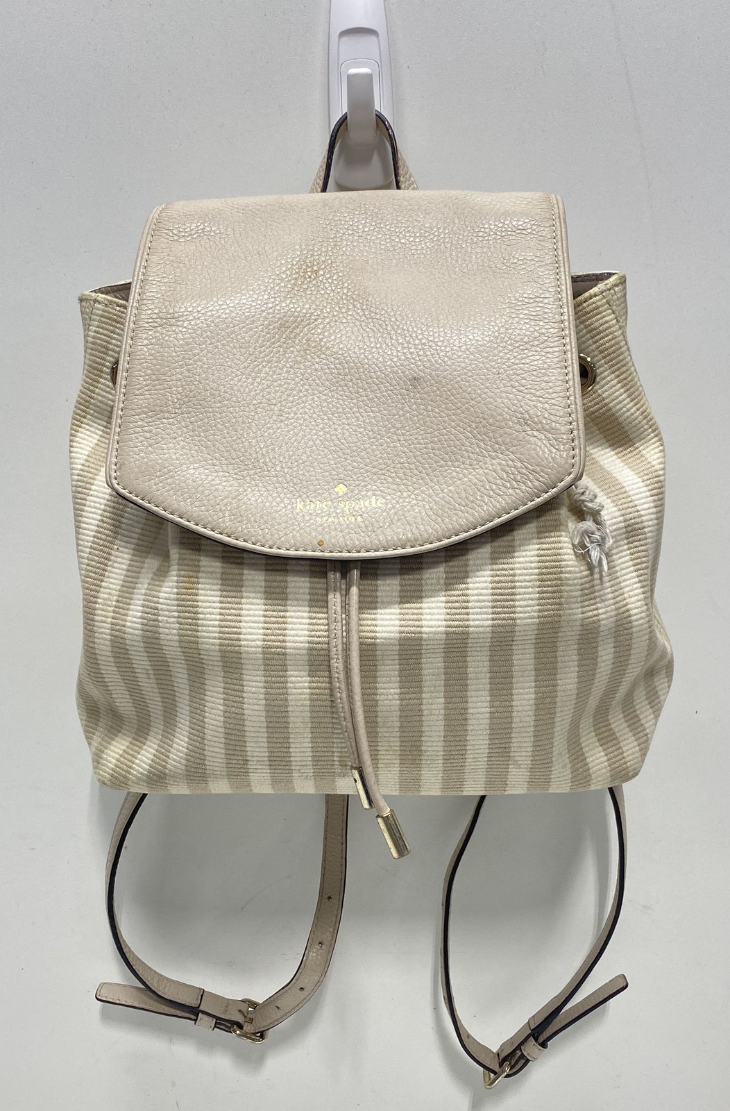 Kate Spade Beige White Striped Pebbled Leather Backpack Gold Hardware