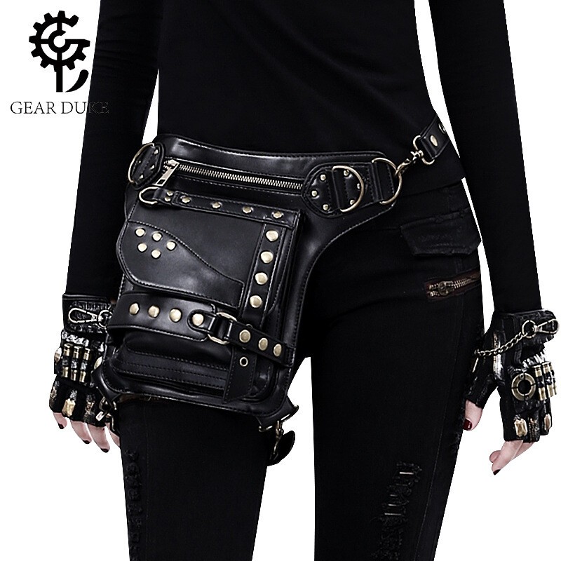 Men Women Gothic Motorcycle Steampunk Leather Crossbody waist Chest Bag Backpack