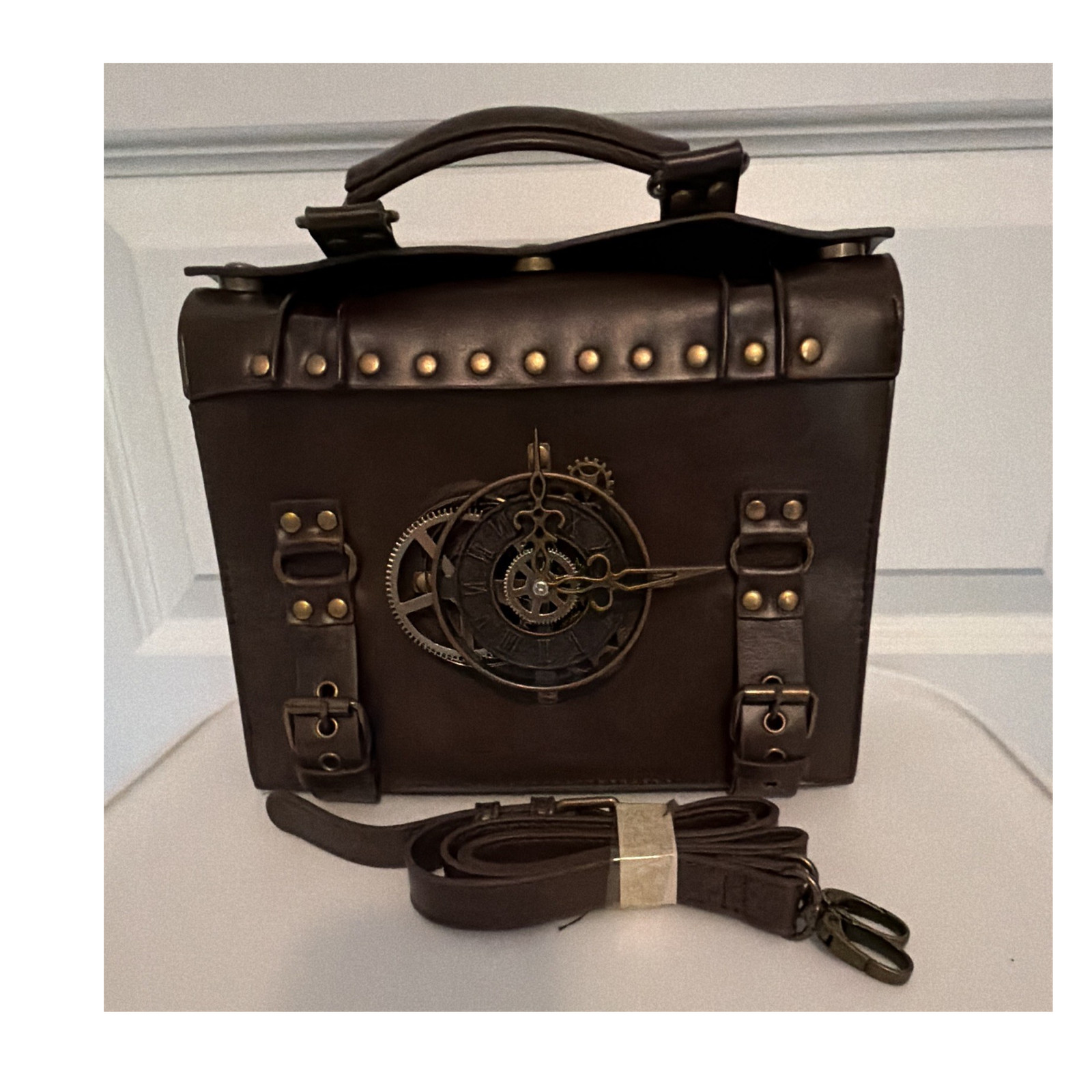 Brown Steampunk Messenger Bag Medium Solid Casual Travel Top Handle Adjustable