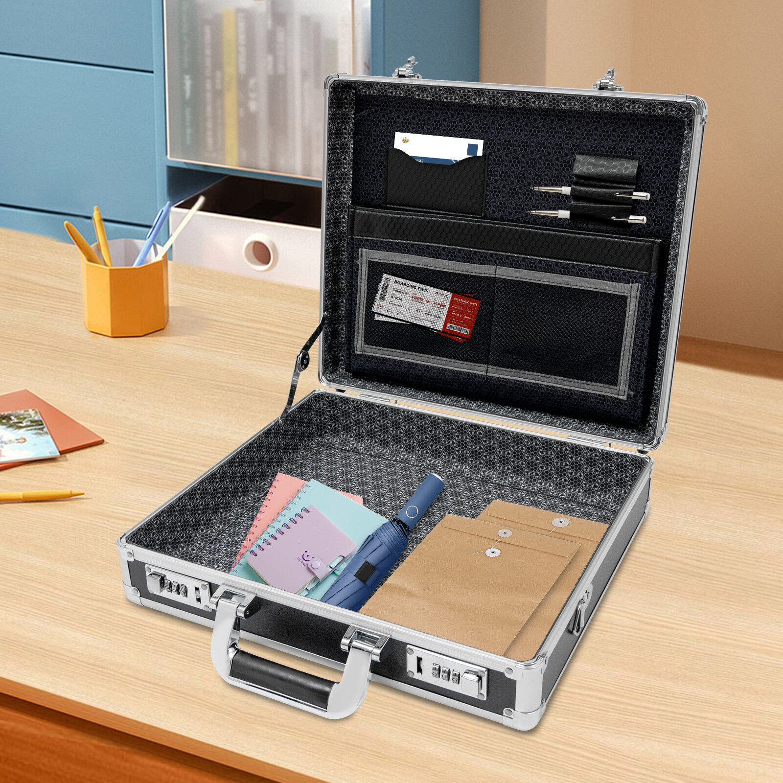 Aluminum Hard Case Big Capacity with Combination Lock Briefcase with Pocket New