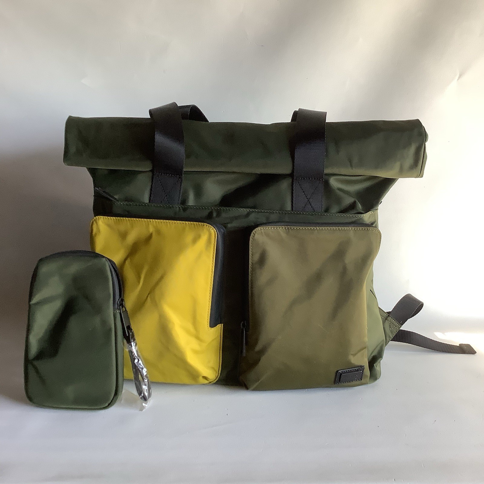 Ted Baker London Daintre Satin Nylon Backpack in Khaki/Yellow with Phone Case